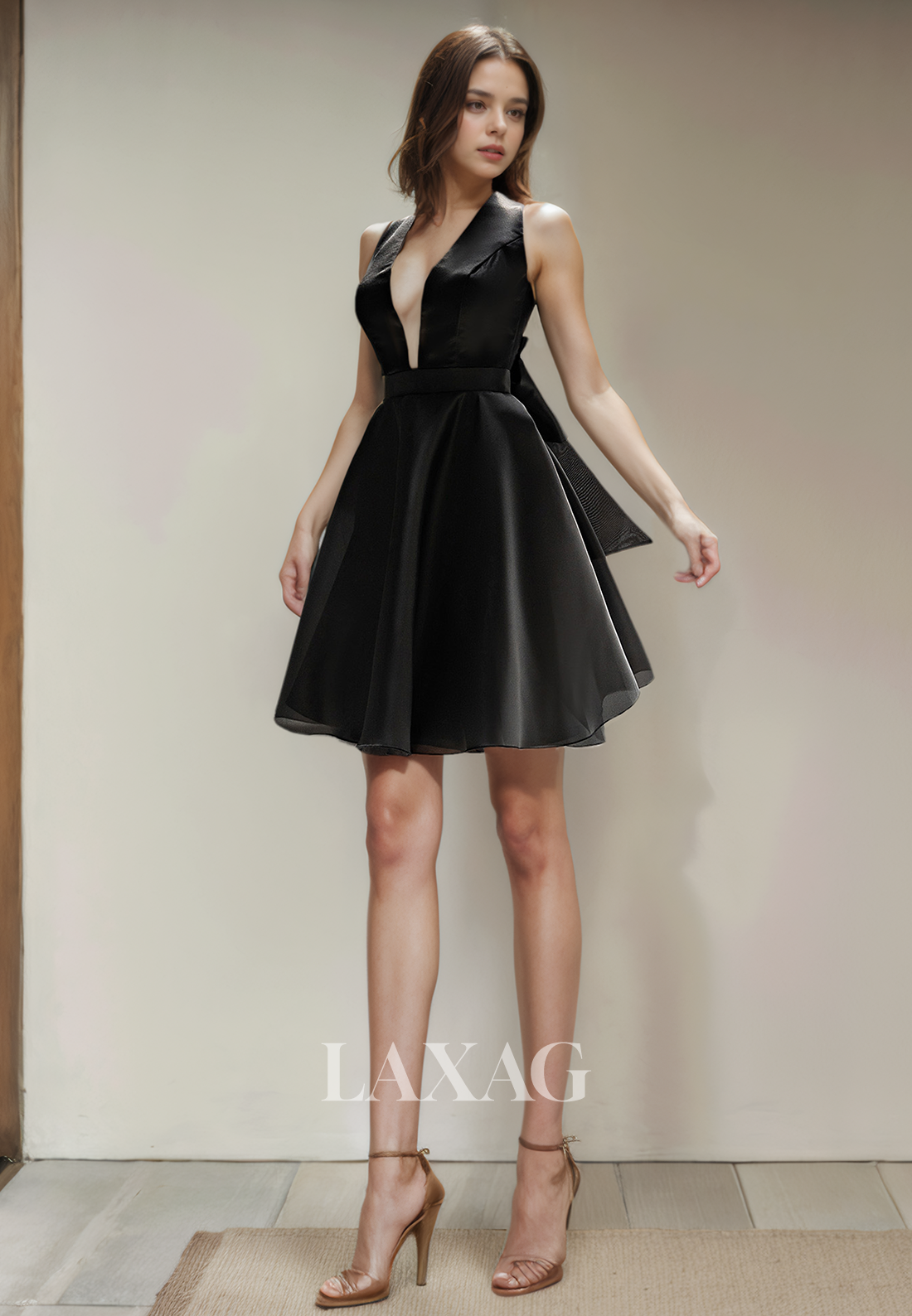 A-Line Low V-Neck Open Back Tulle Party Homecoming Dress with Bow Detail