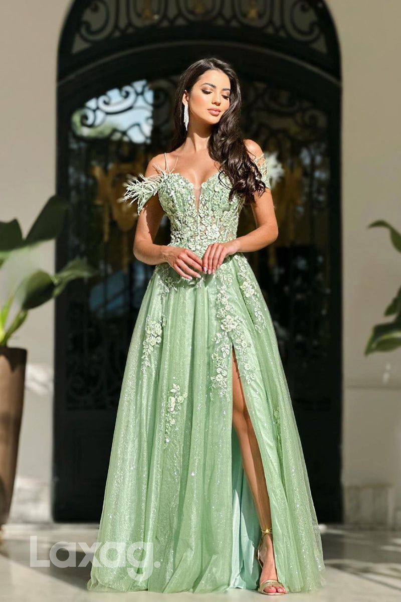 22302 - A-Line Off Shoulder Beaded Appliques Party Prom Formal Evening Dress with Slit - Fashionpara