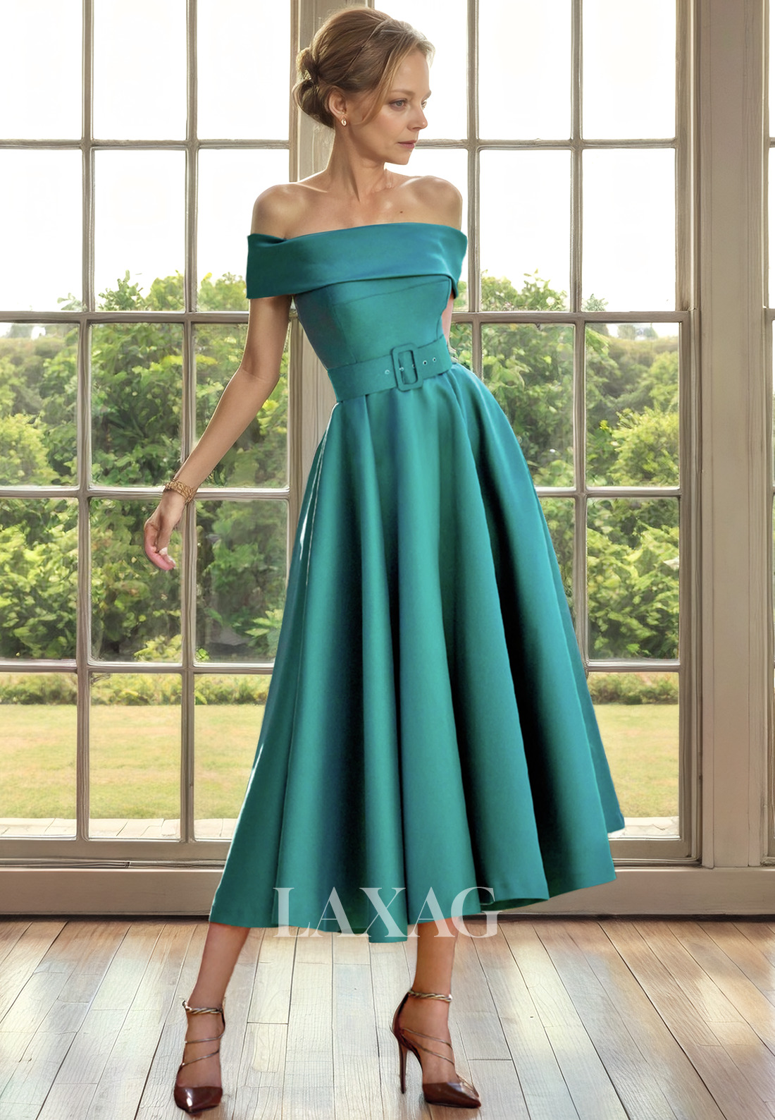 A-Line Off Shoulder Empire Belt Sleek Satin Elegant Mother of the Bride Dress - Fashionpara