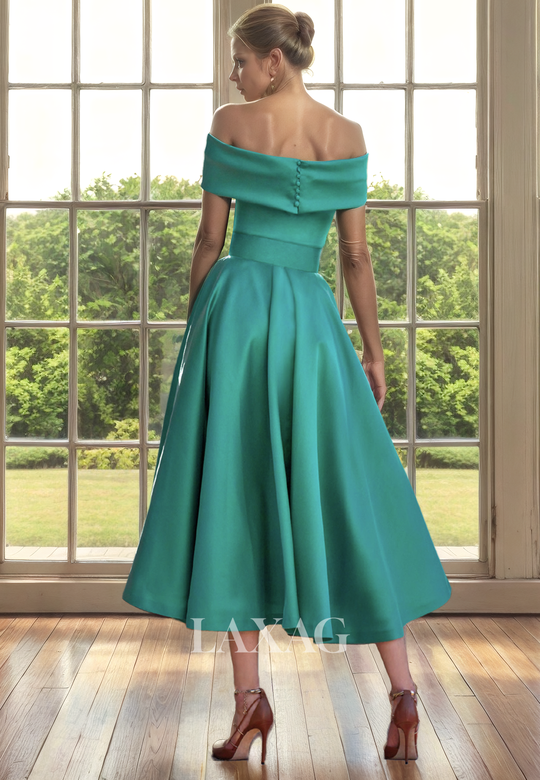 A-Line Off Shoulder Empire Belt Sleek Satin Elegant Mother of the Bride Dress - Fashionpara