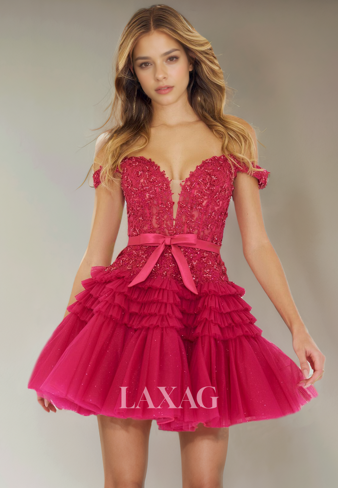 A-Line Off Shoulder Lace Appliques Tiered Tulle Glitter Party Homecoming Dress