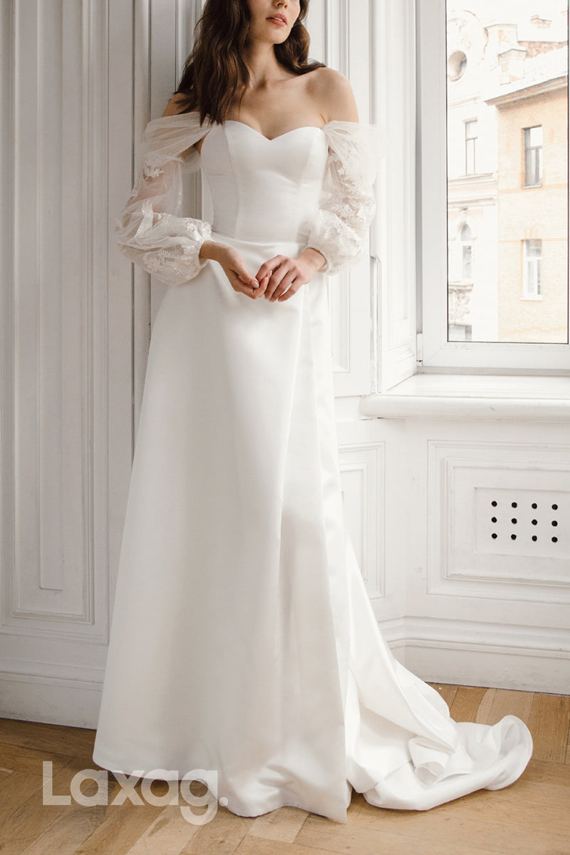 22988 - A-Line Off Shoulder Long Sleeves Lace Sleek Satin High Slit Wedding Dress with Train - Fashionpara