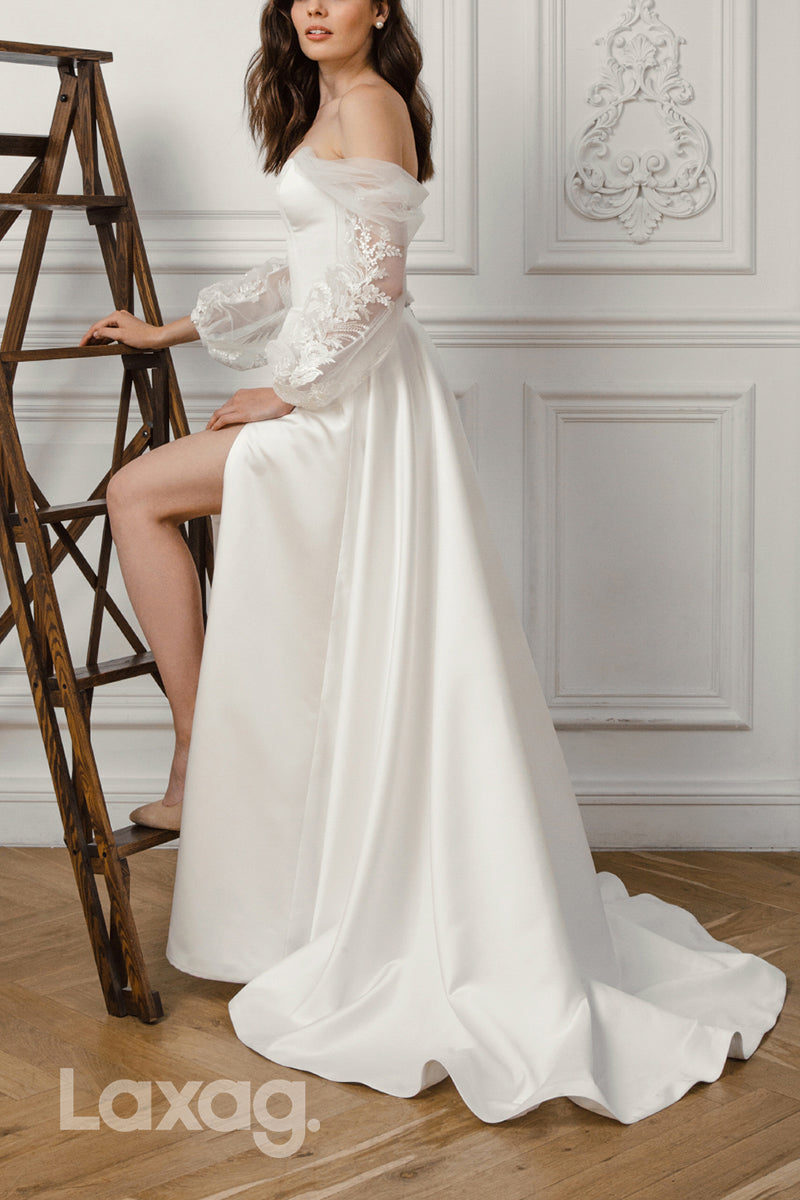 22988 - A-Line Off Shoulder Long Sleeves Lace Sleek Satin High Slit Wedding Dress with Train - Fashionpara