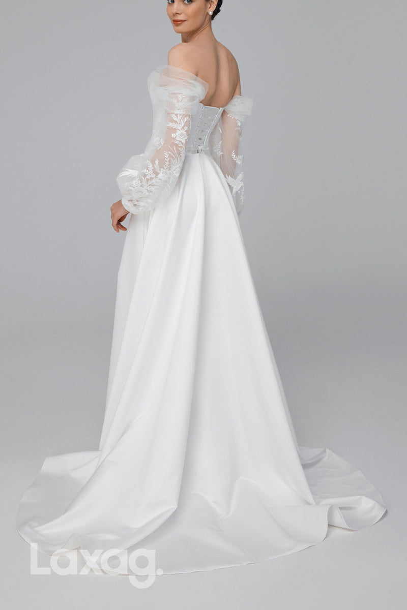 22988 - A-Line Off Shoulder Long Sleeves Lace Sleek Satin High Slit Wedding Dress with Train - Fashionpara