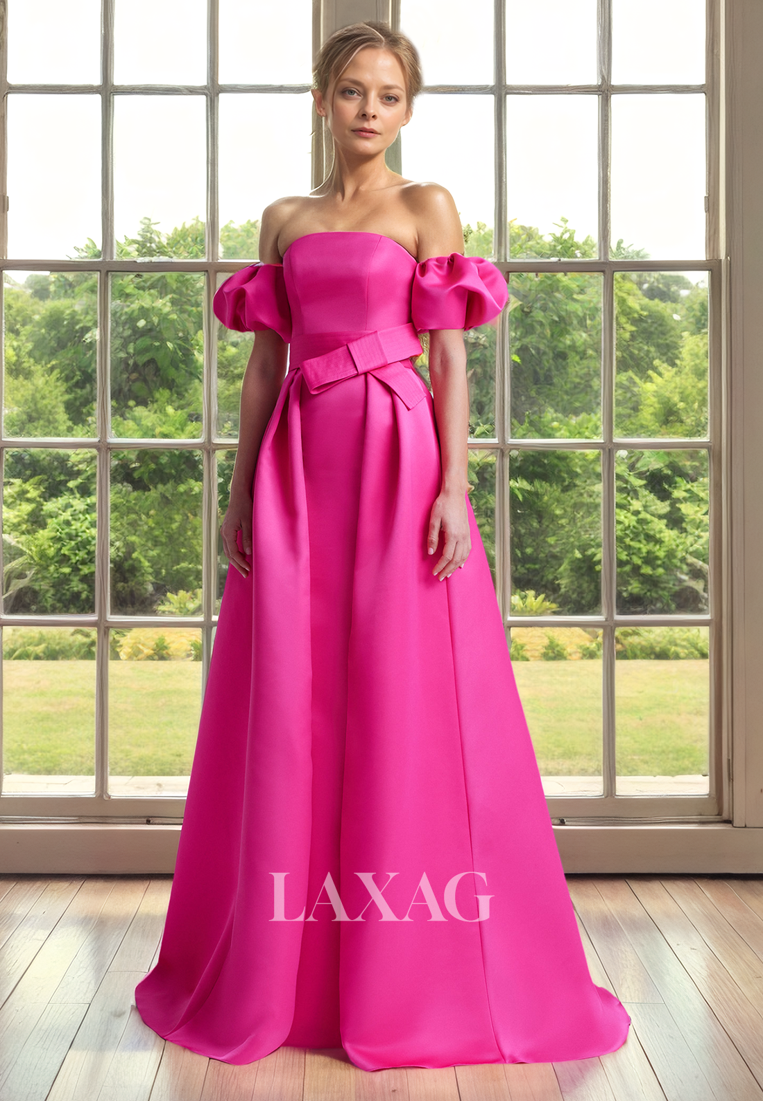 A-Line Off Shoulder Pleated Sleek Satin Mother of the Bride Dress with Train - Fashionpara