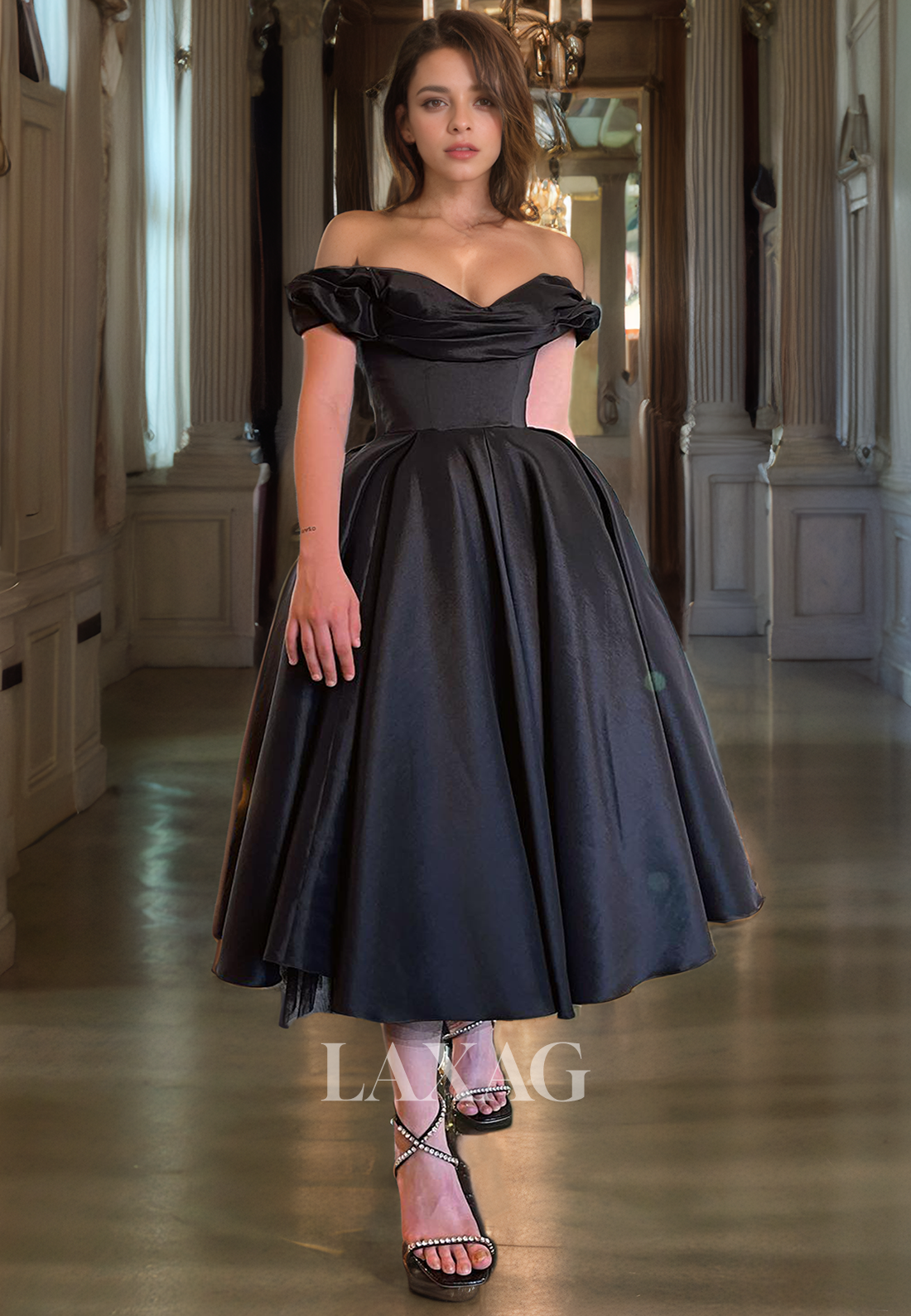 A-Line Off Shoulder Pleated Sleek Satin Party Prom Formal Evening Dress - Fashionpara