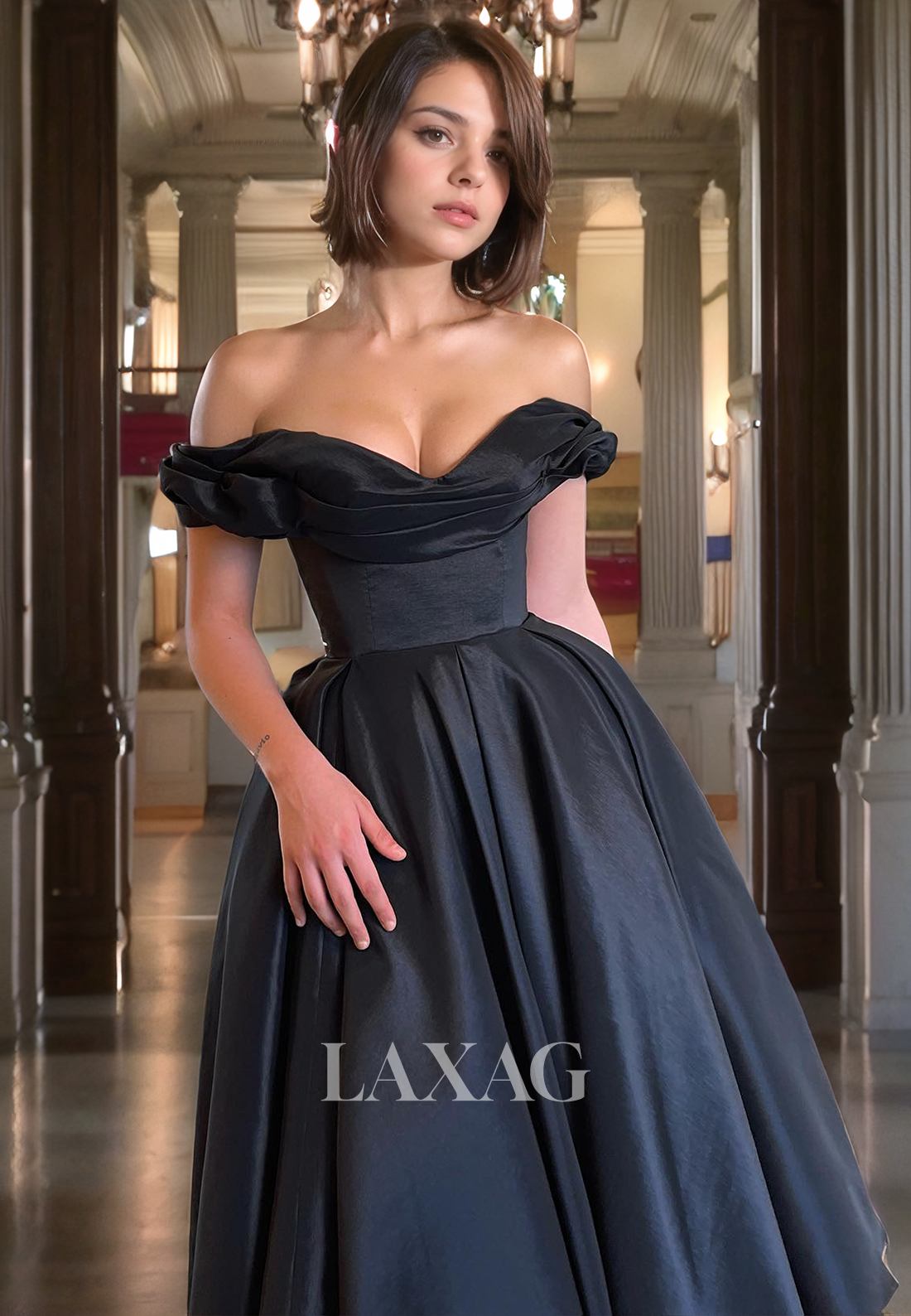 A-Line Off Shoulder Pleated Sleek Satin Party Prom Formal Evening Dress - Fashionpara