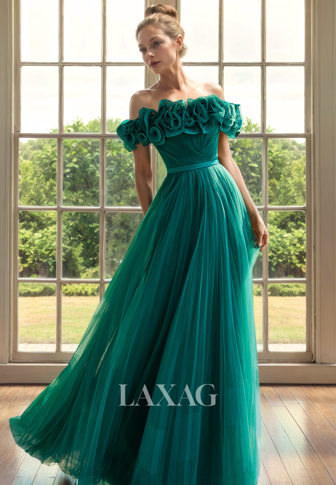 A-Line Off Shoulder Pleated Tulle Elegant Mother of the Bride Dress - Fashionpara