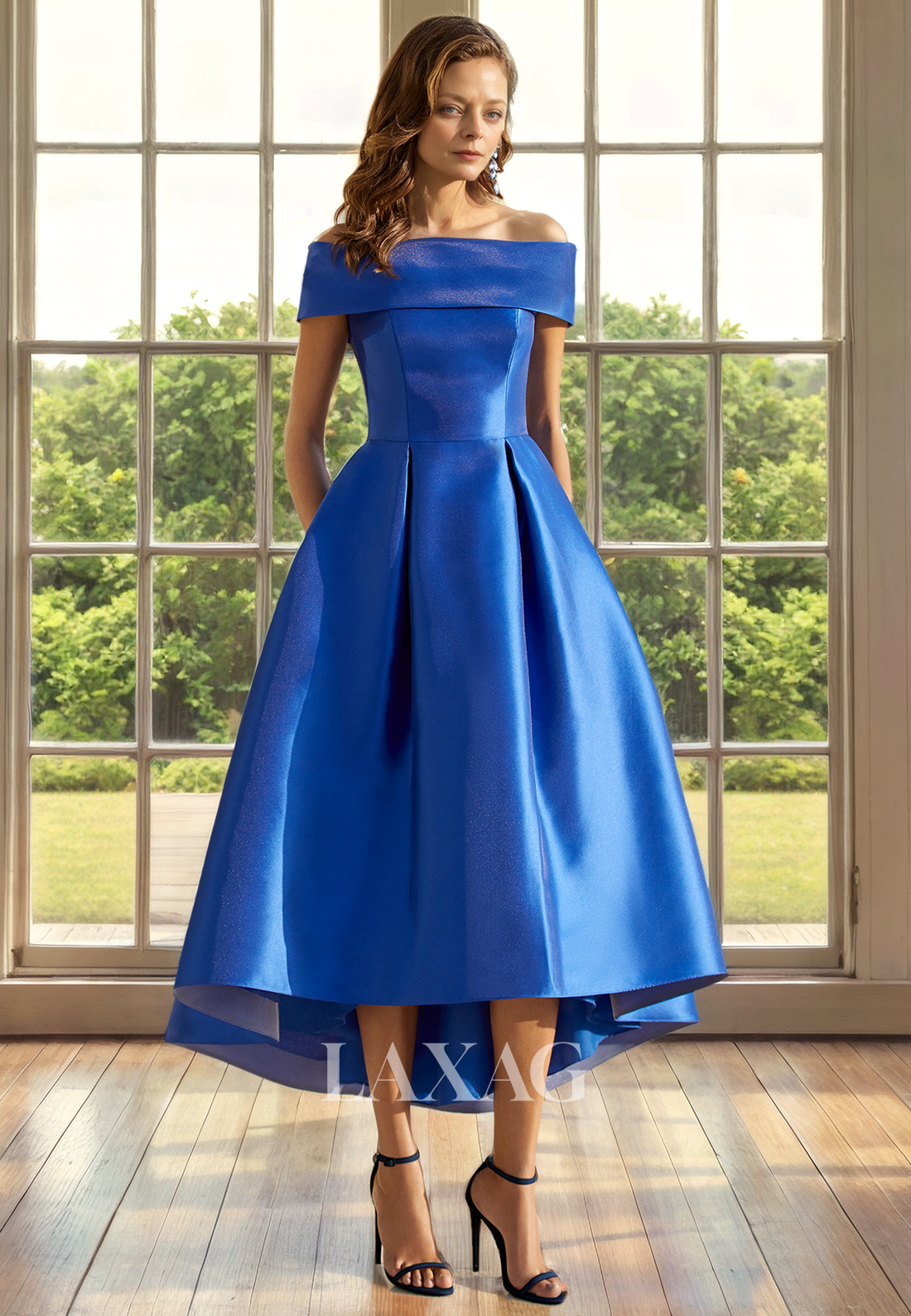 A-Line Off Shoulder Sleek Satin Elegant Ankle-Length Mother of the Bride Dress - Fashionpara