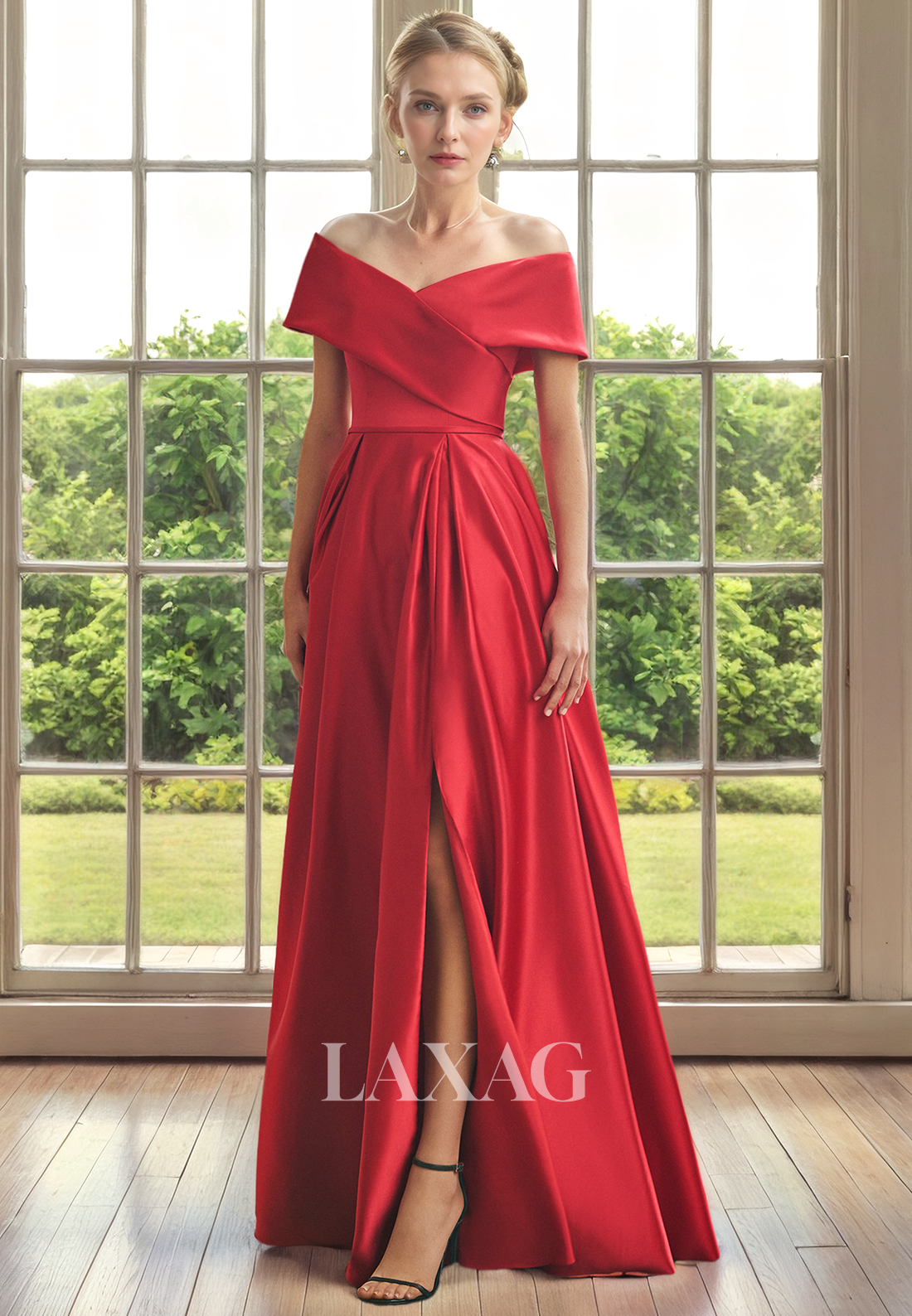 A-Line Off Shoulder Sleek Satin Elegant Mother of the Bride Dress with Slit - Fashionpara