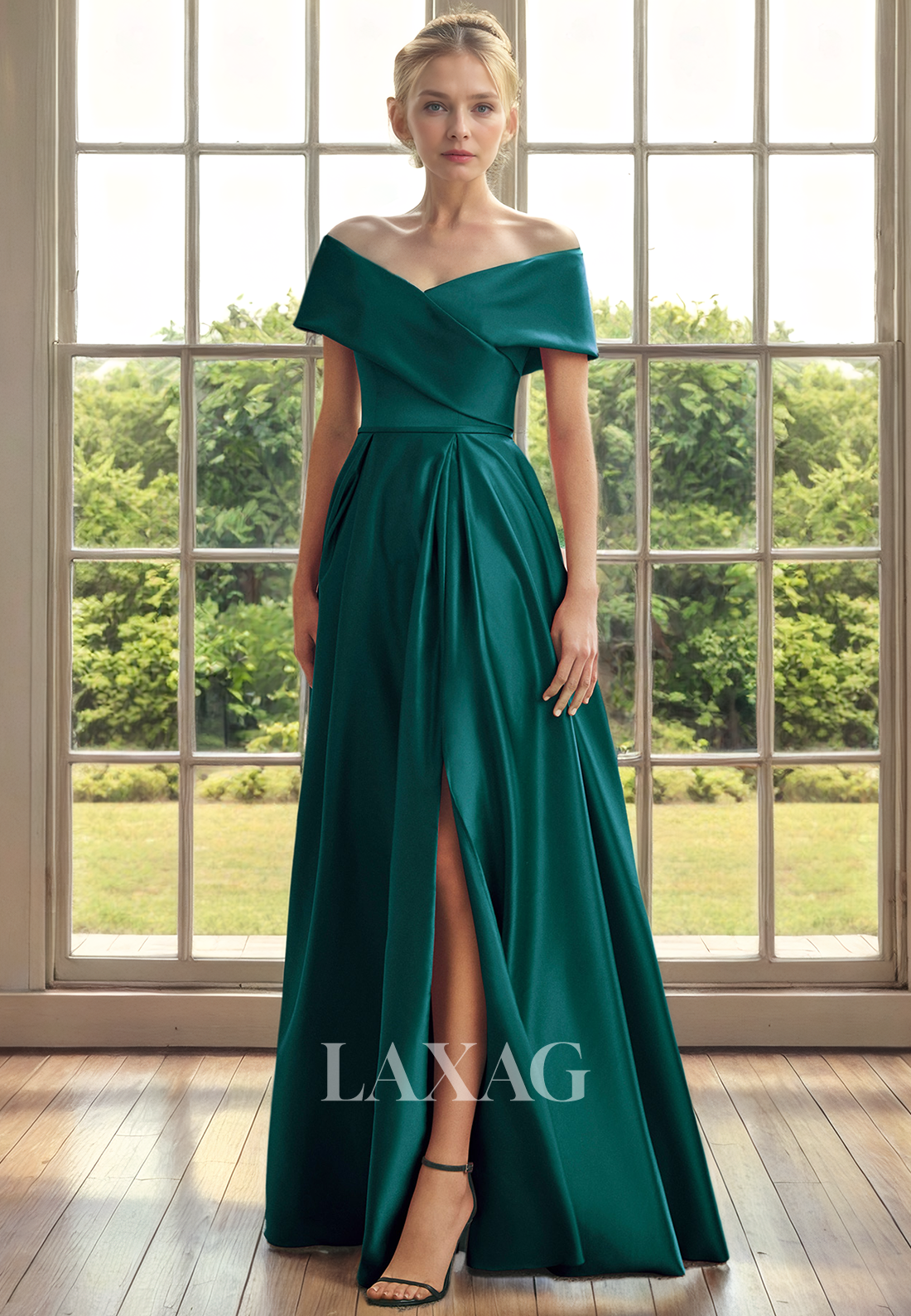 A-Line Off Shoulder Sleek Satin Elegant Mother of the Bride Dress with Slit - Fashionpara