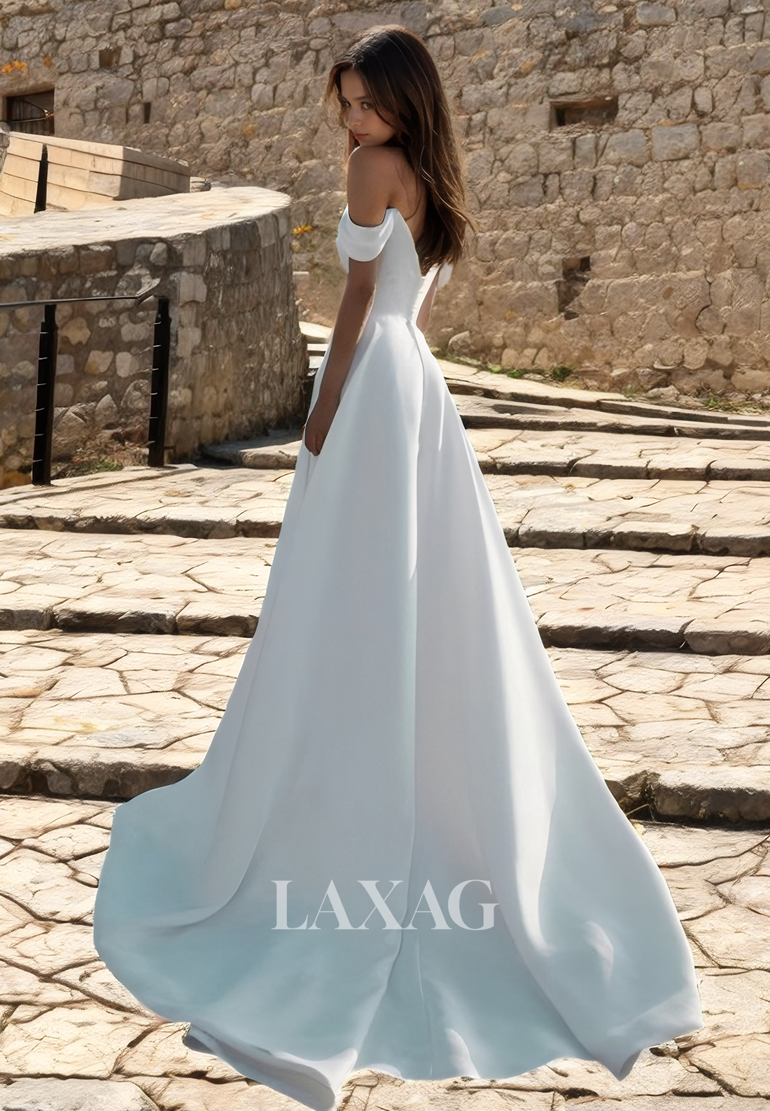 22987 - A-Line Off Shoulder Sleek Satin High Slit Elegant Wedding Dress with Train - Fashionpara