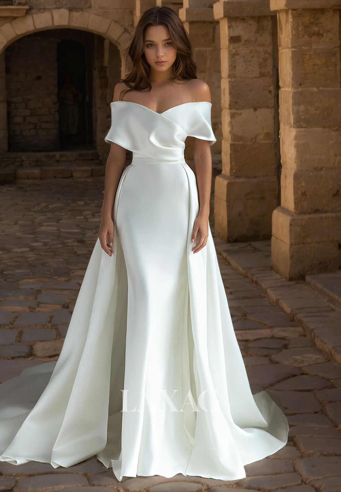 Elegant A-Line Off-Shoulder Sleek Satin Wedding Dress Sweetheart Slit with Train Bride Gowns - Fashionpara