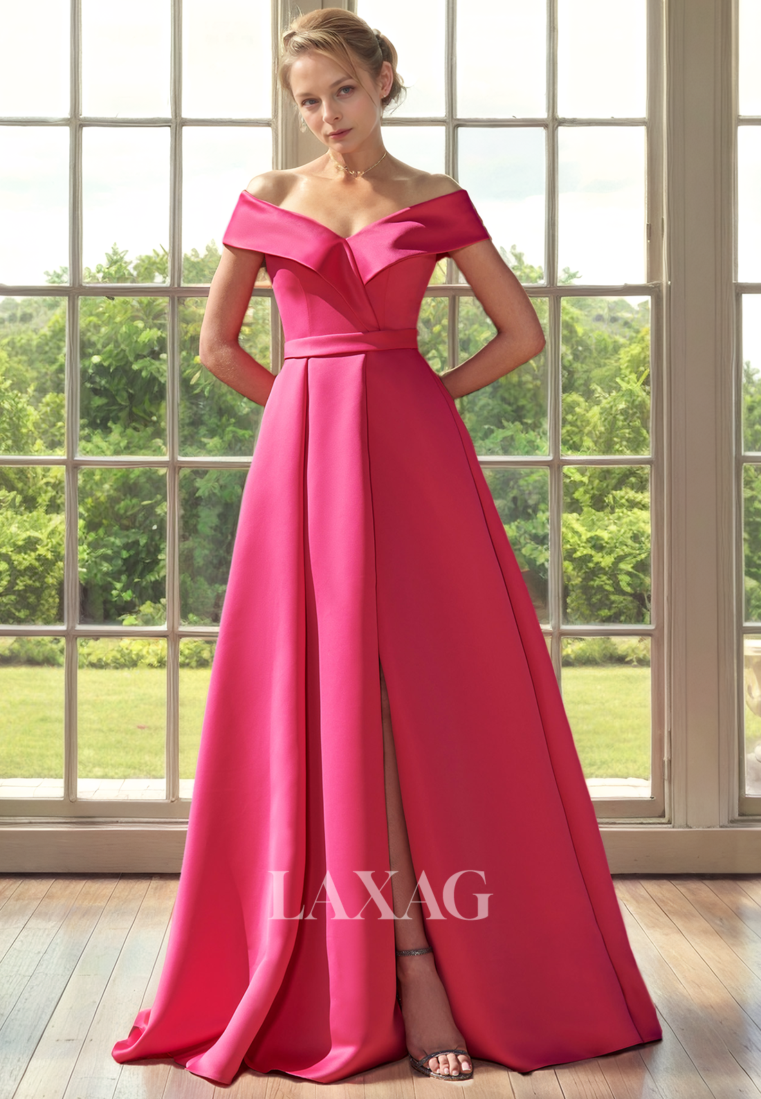 A-Line Off Shoulder Sleek Satin Mother of the Bride Dress with Slit and Train - Fashionpara