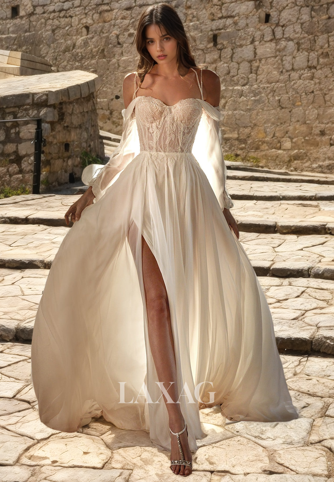 A-Line Off Shoulder Straps Sequins Tulle  High Slit Wedding Dress with Train - Fashionpara