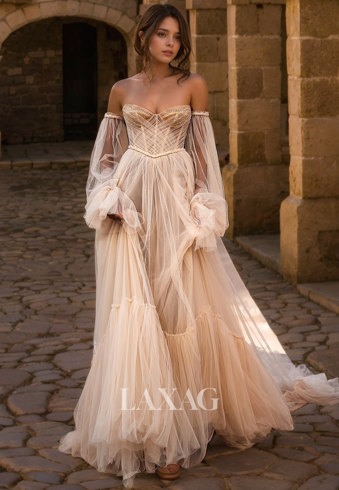 A-Line Off Shoulder Sweetheart Tulle Beaded Wedding Dress with Train - Fashionpara