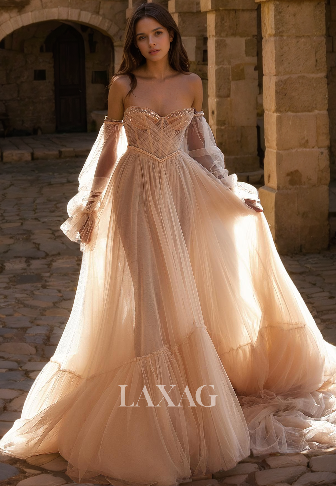 A-Line Off Shoulder Sweetheart Tulle Beaded Wedding Dress with Train - Fashionpara