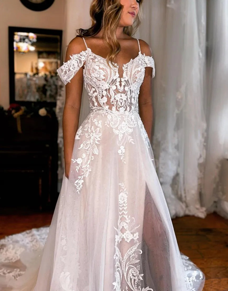 A-Line Off The Shoulder Wedding Dress With Appliques And Split