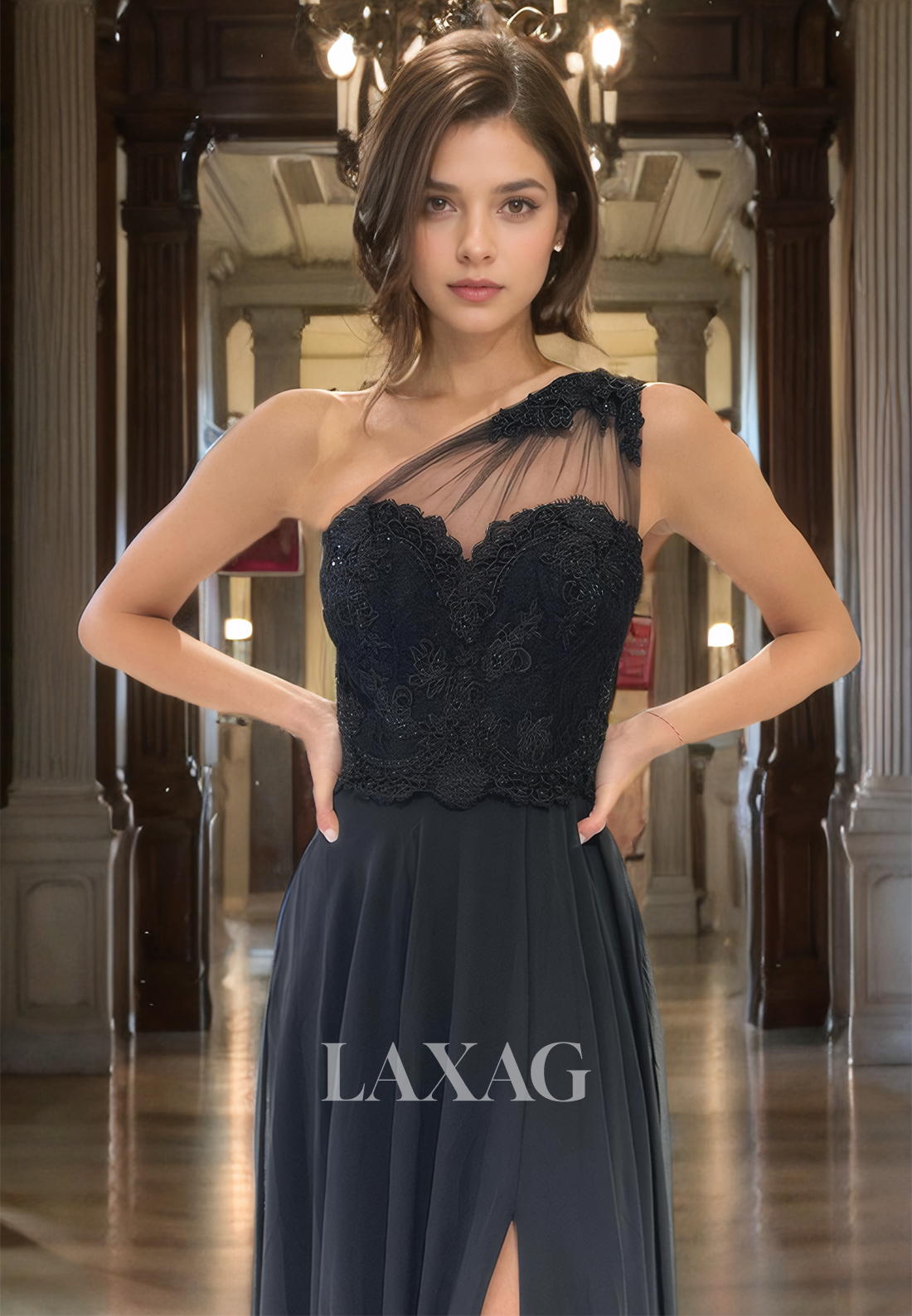 A-Line One Shoulder Lace Appliques Tulle Party Prom Formal Evening Dress with Train - Fashionpara