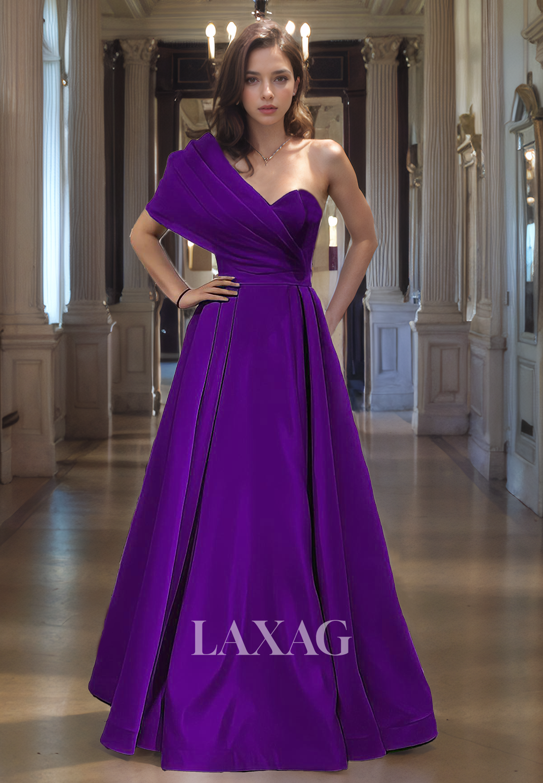 A-Line One Shoulder Pleated Sleek Satin Party Prom Formal Evening Dress - Fashionpara