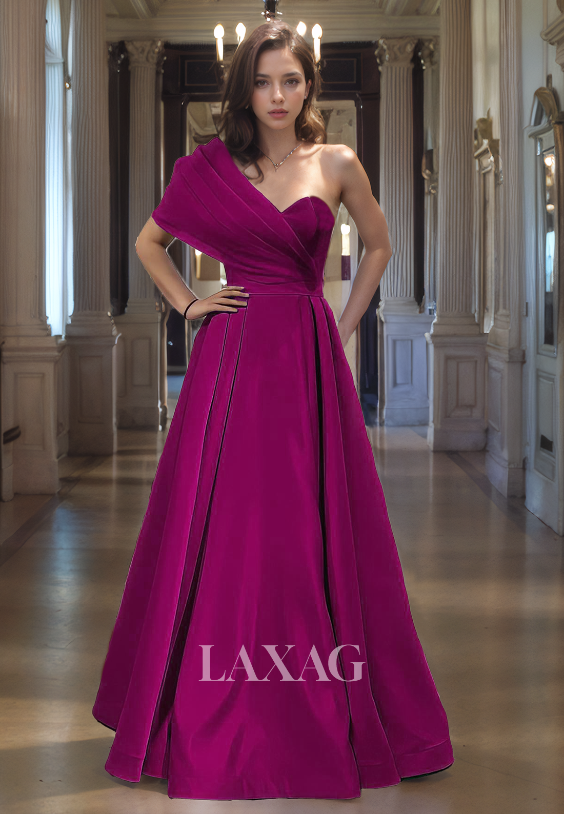 A-Line One Shoulder Pleated Sleek Satin Party Prom Formal Evening Dress - Fashionpara