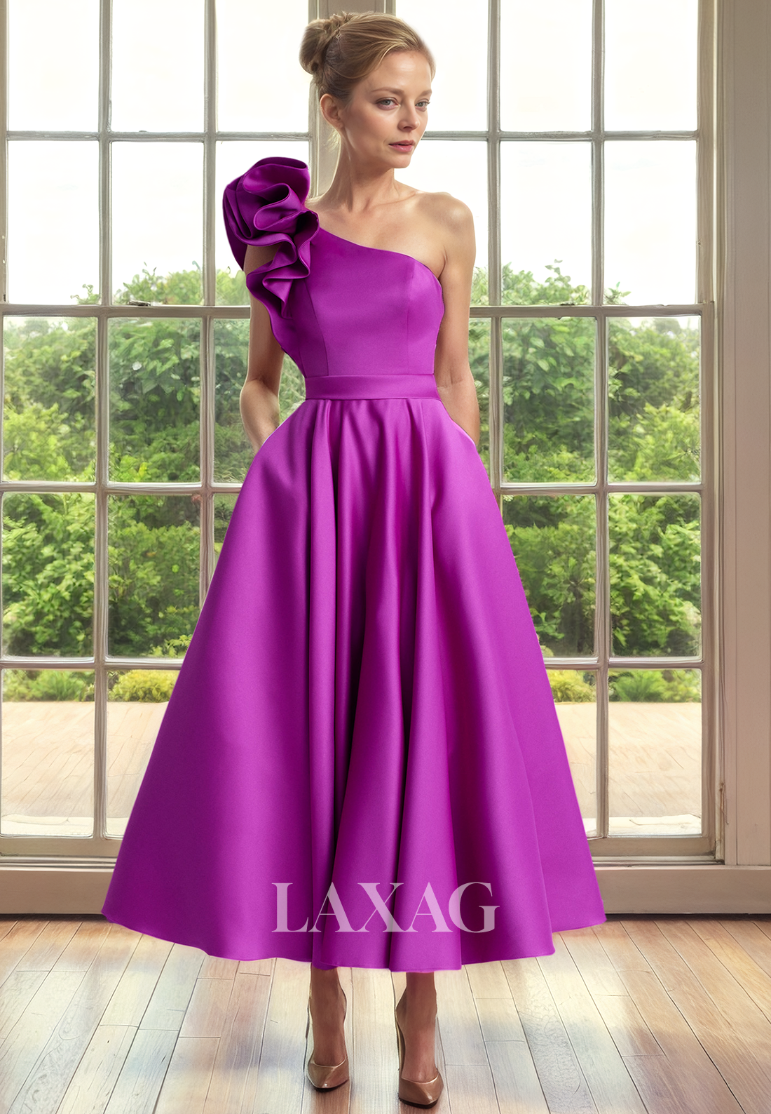 A-Line One Shoulder Sleek Satin Elegant Ankle-Length Mother of the Bride Dress - Fashionpara