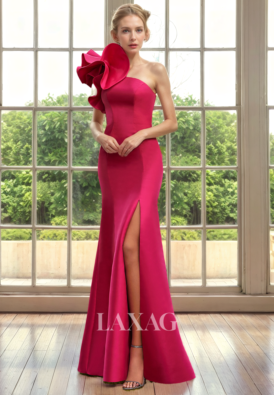 A-Line One Shoulder Sleek Satin Mother of the Bride Dress with Slit - Fashionpara