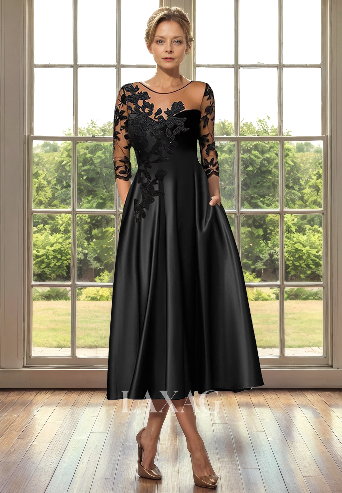 A-Line Round Quarter Sleeves Lace Appliques Sleek Satin Mother of the Bride Dress - Fashionpara