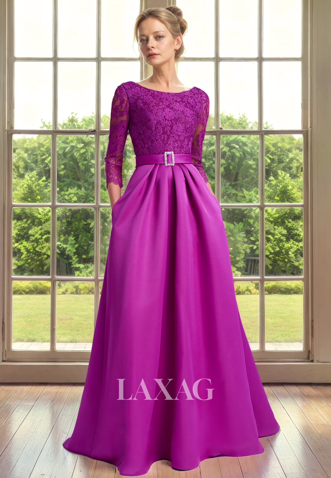 A-Line Round Quarter Sleeves Lace Sleek Satin Mother of the Bride Dress with Train - Fashionpara