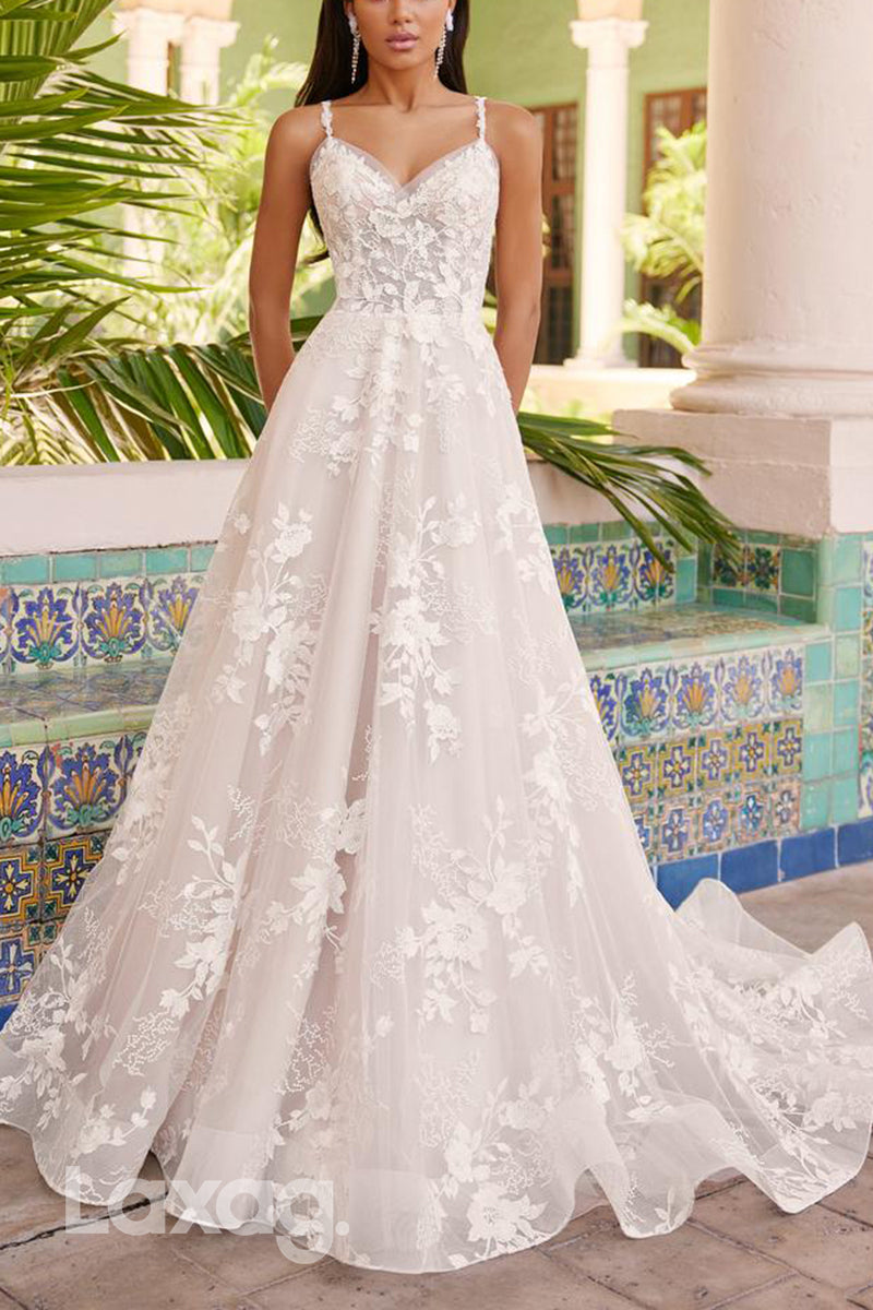 22605 - A-Line Spaghetti Straps Appliques Tulle Wedding Dress with Train - Fashionpara