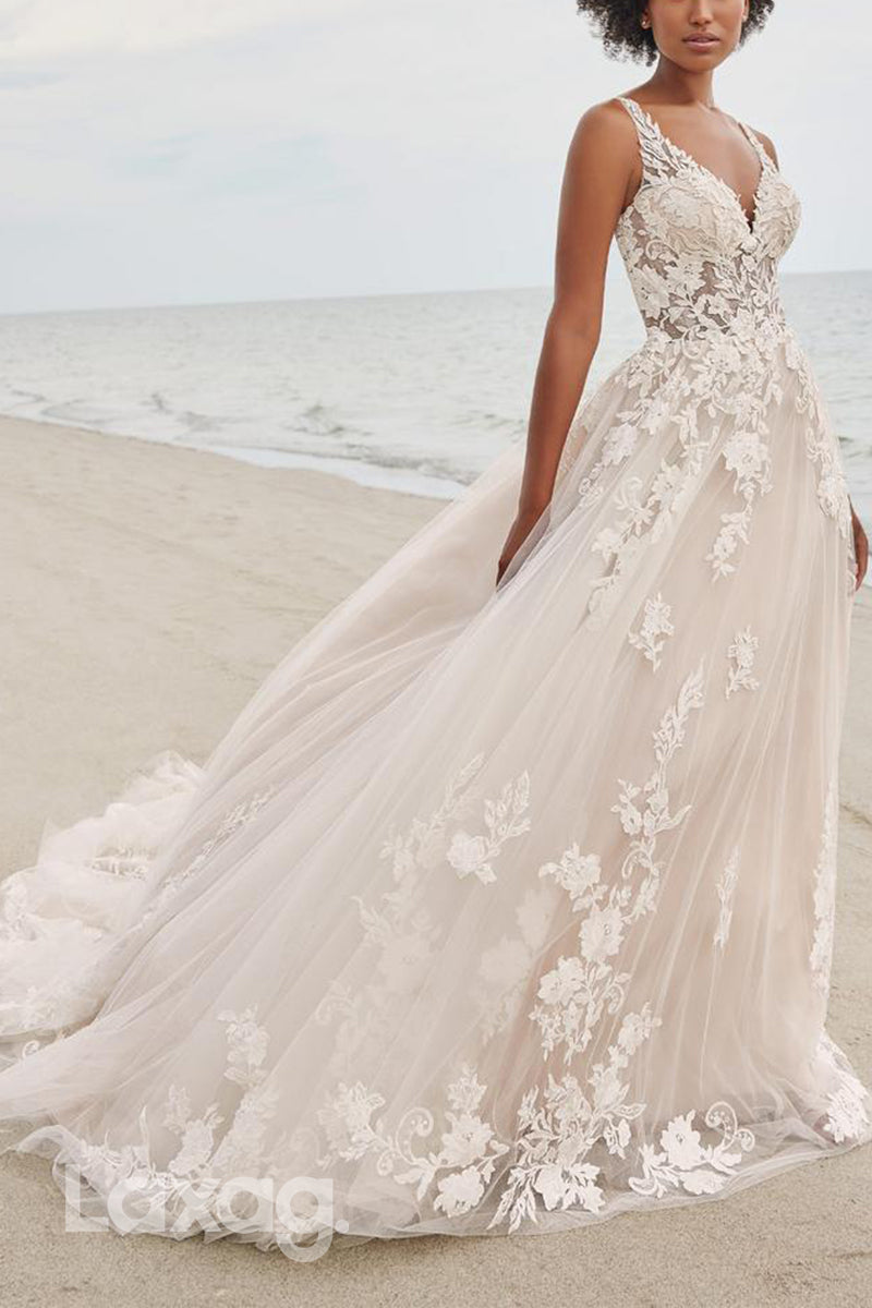 22608 - A-Line Spaghetti Straps Appliques Tulle Wedding Dress with Train - Fashionpara