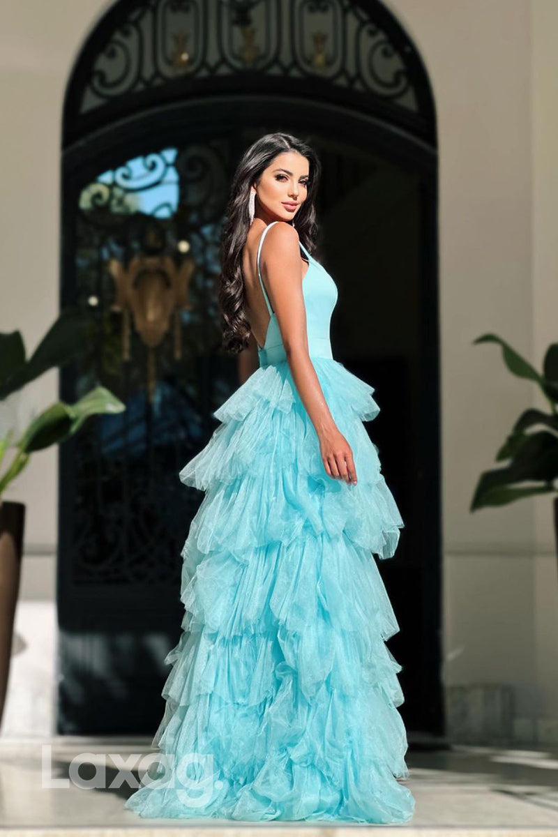 22303 - A-Line Spaghetti Straps Backless Tulle Party Prom Formal Evening Dress with Slit - Fashionpara