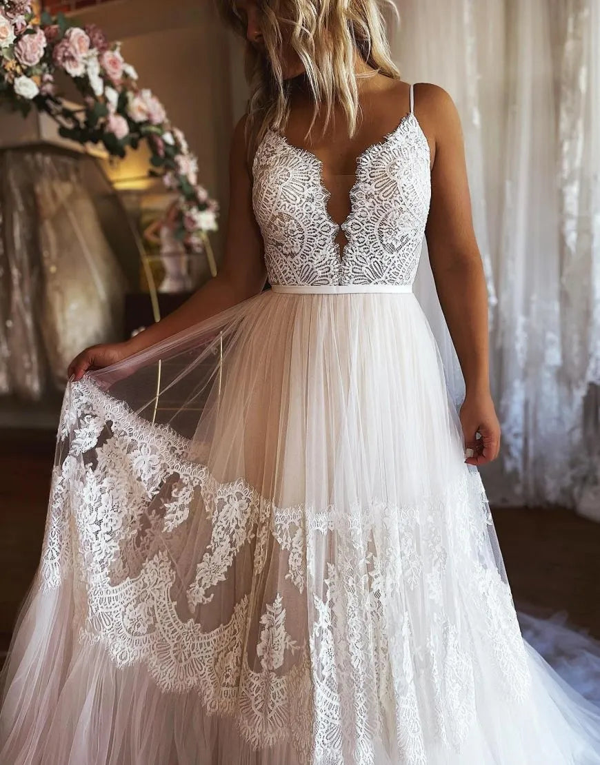 A-Line Court Train Spaghetti Straps Boho Tulle Wedding Dress