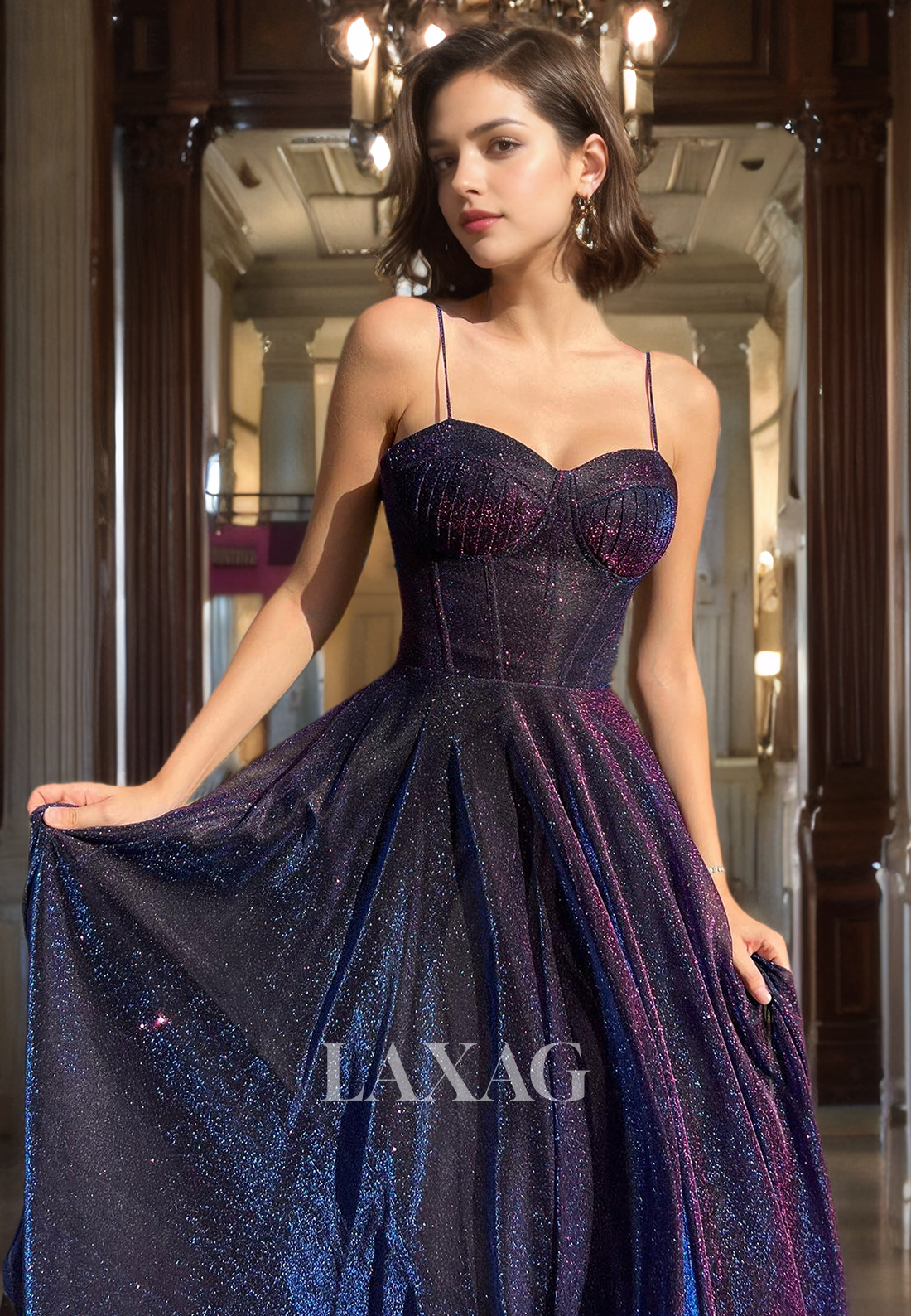 A-Line Spaghetti Straps Glitter Tulle Party Prom Formal Evening Dress - Fashionpara