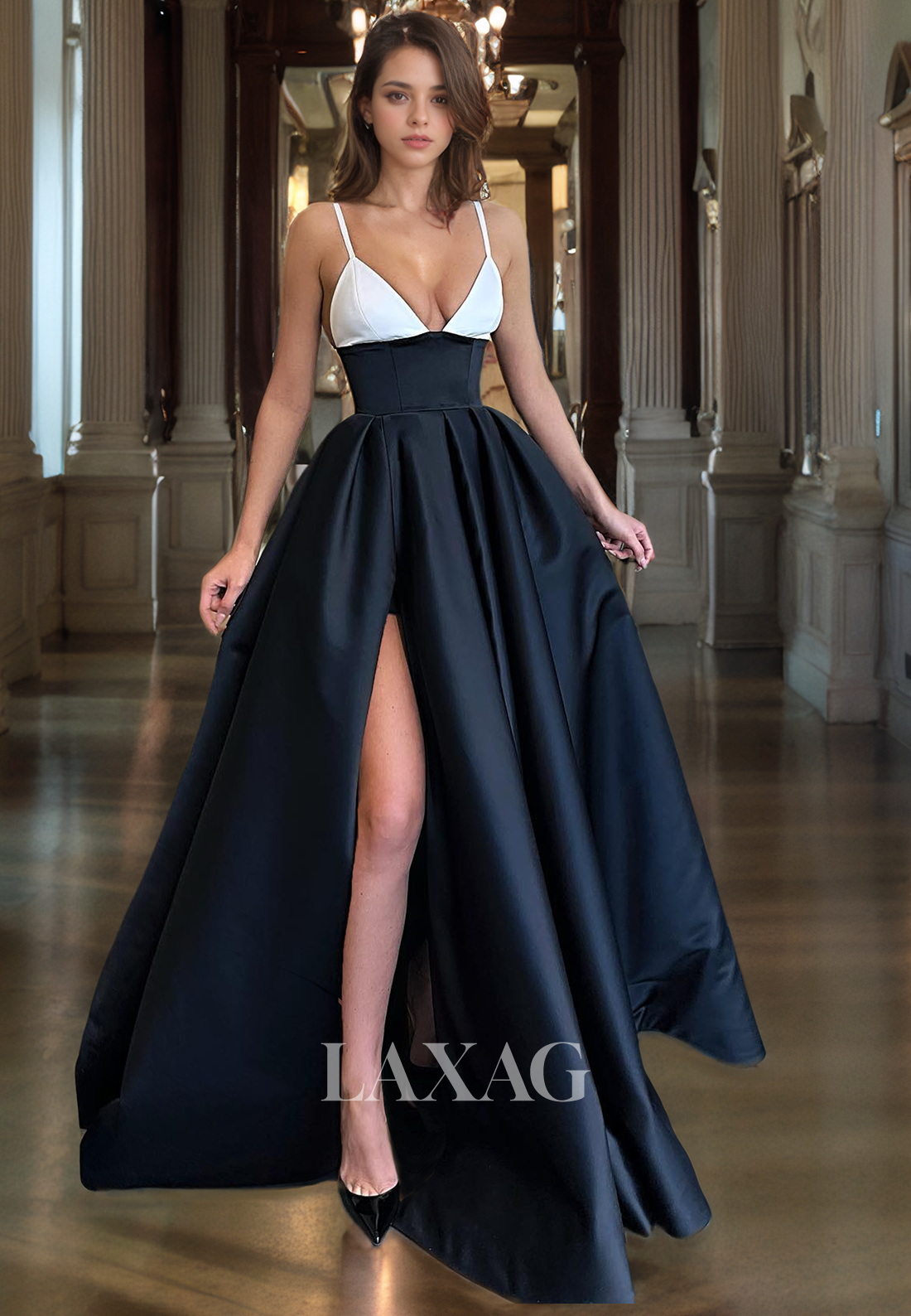 A-Line Spaghetti Straps High Slit Sleek Satin Party Prom Formal Evening Dress - Fashionpara