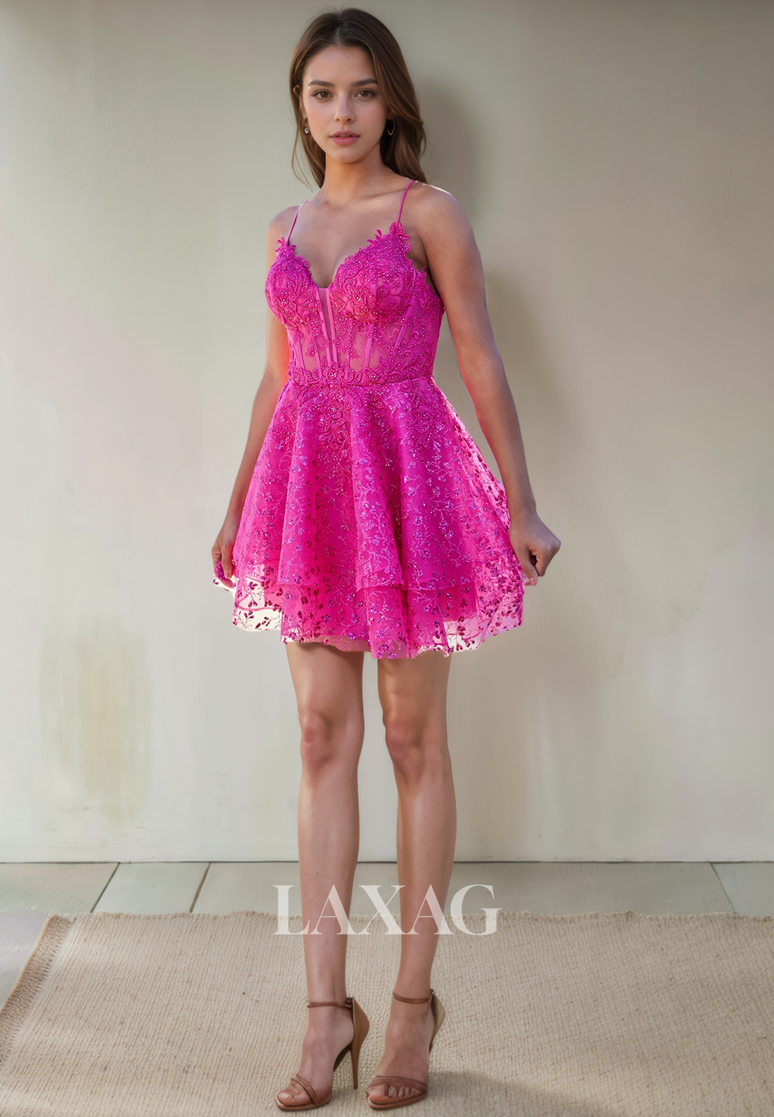 A-Line Spaghetti Straps Lace Appliques Tulle Sequins Party Homecoming Dress