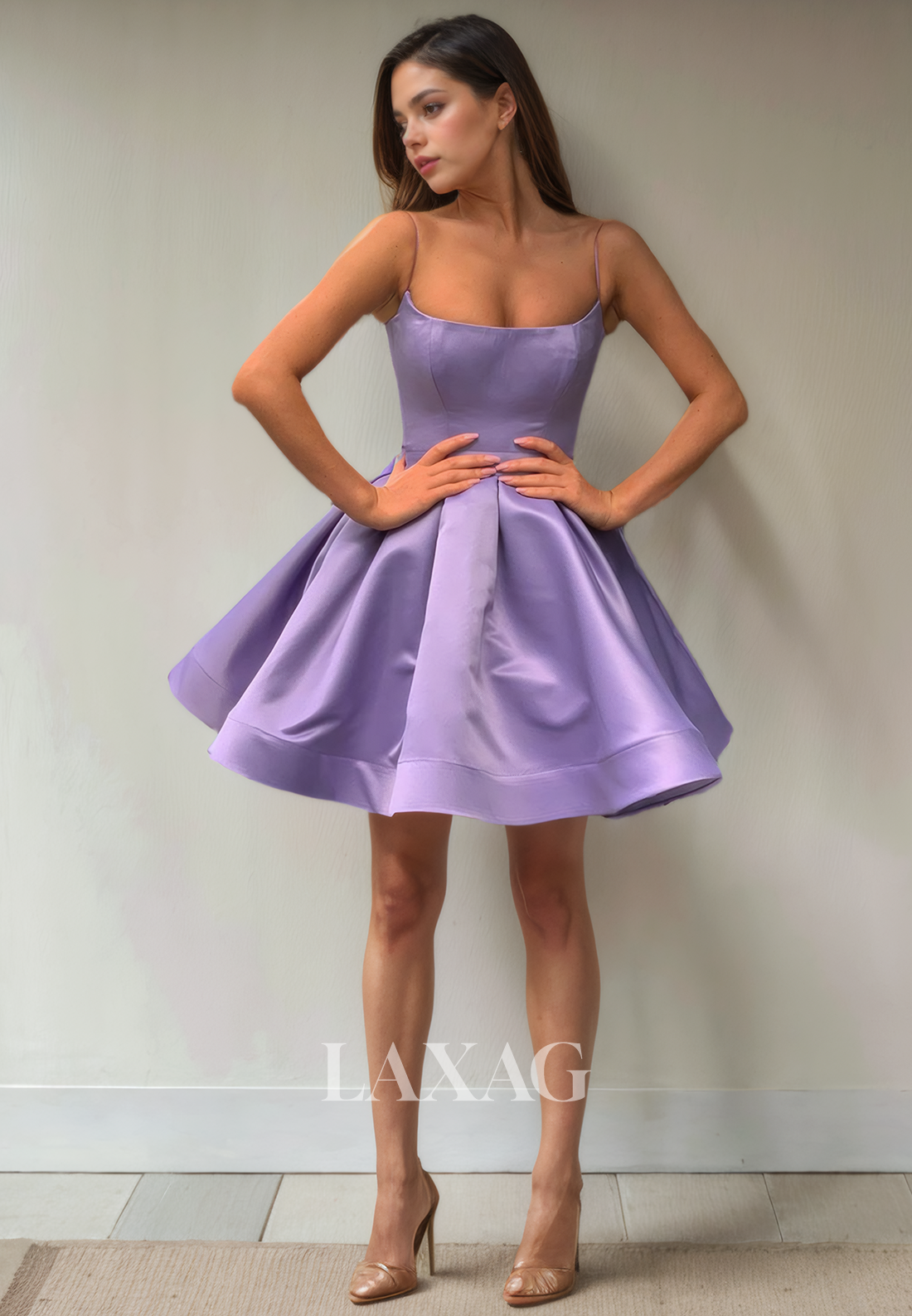 A-Line Spaghetti Straps Pleated Sleek Satin Elegant Party Homecoming Dress