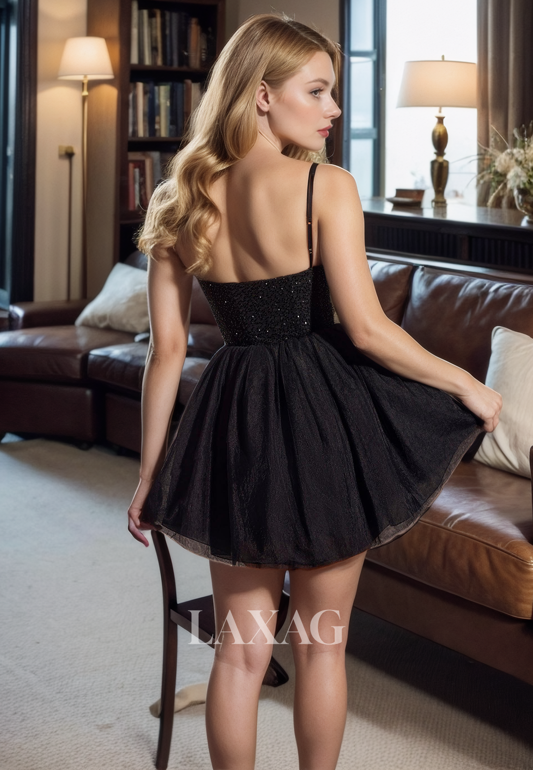 A-Line Spaghetti Straps Sequins Tulle Sleek Satin Party Homecoming Dress - Fashionpara