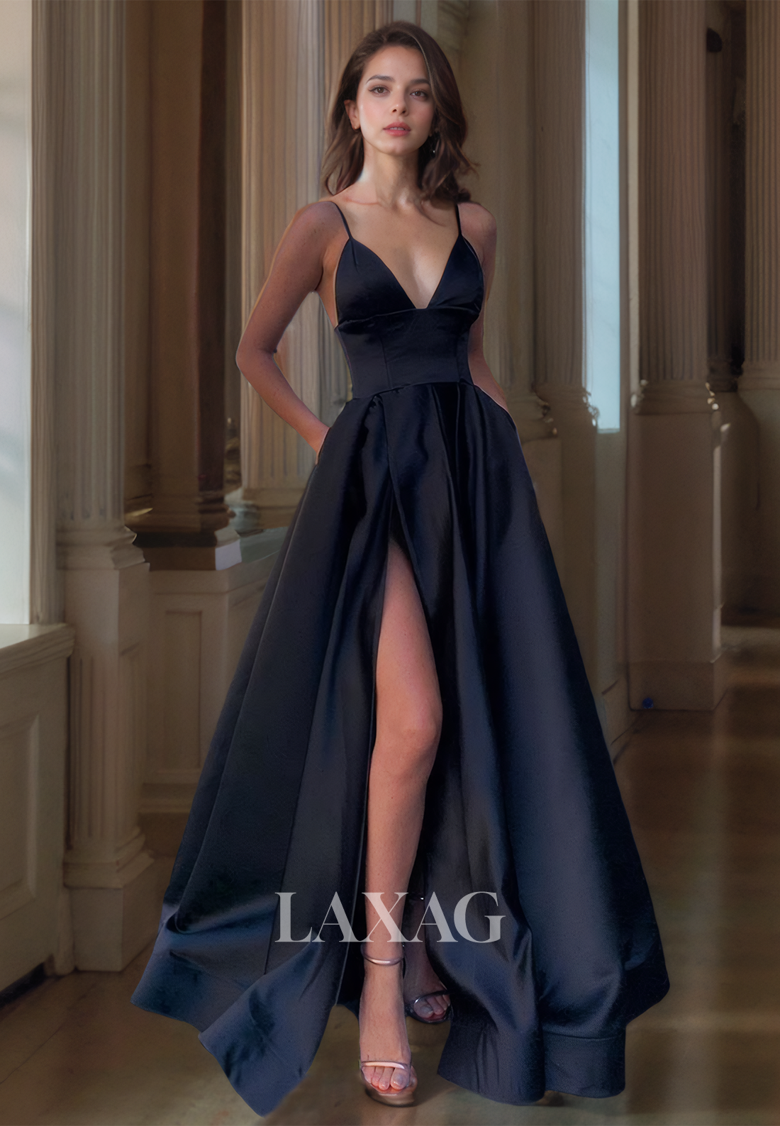 A-Line Spaghetti Straps Sleeveless Sleek Satin High Slit Party Prom Formal Evening Dress - Fashionpara