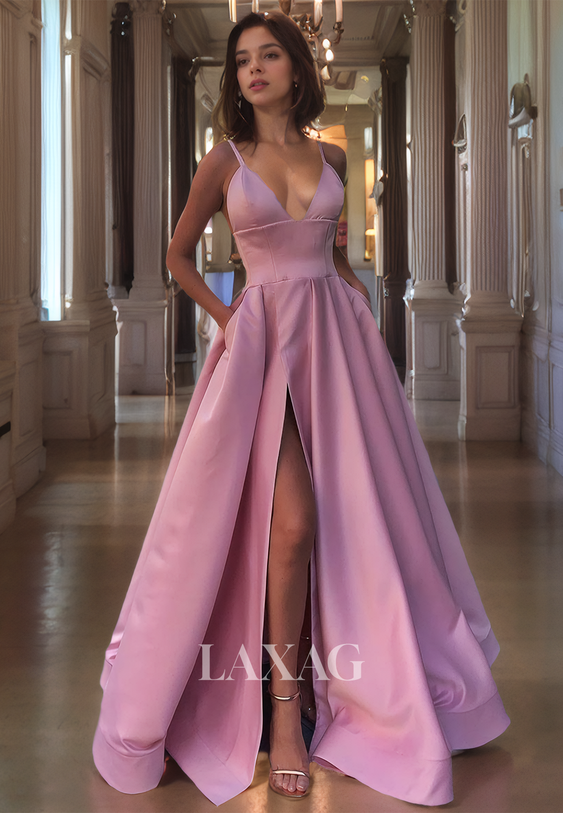 A-Line Spaghetti Straps Sleeveless Sleek Satin High Slit Party Prom Formal Evening Dress - Fashionpara