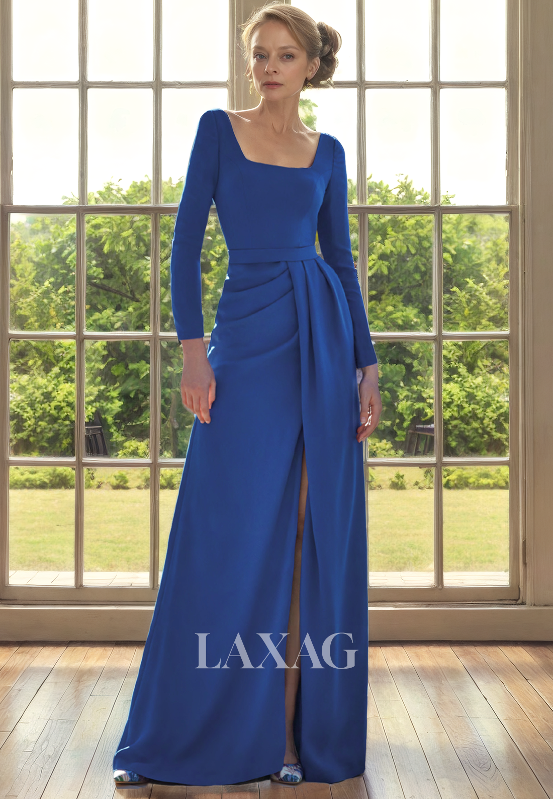 A-Line Square Long Sleeves Pleated Sleek Satin Mother of the Bride Dress with Slit - Fashionpara