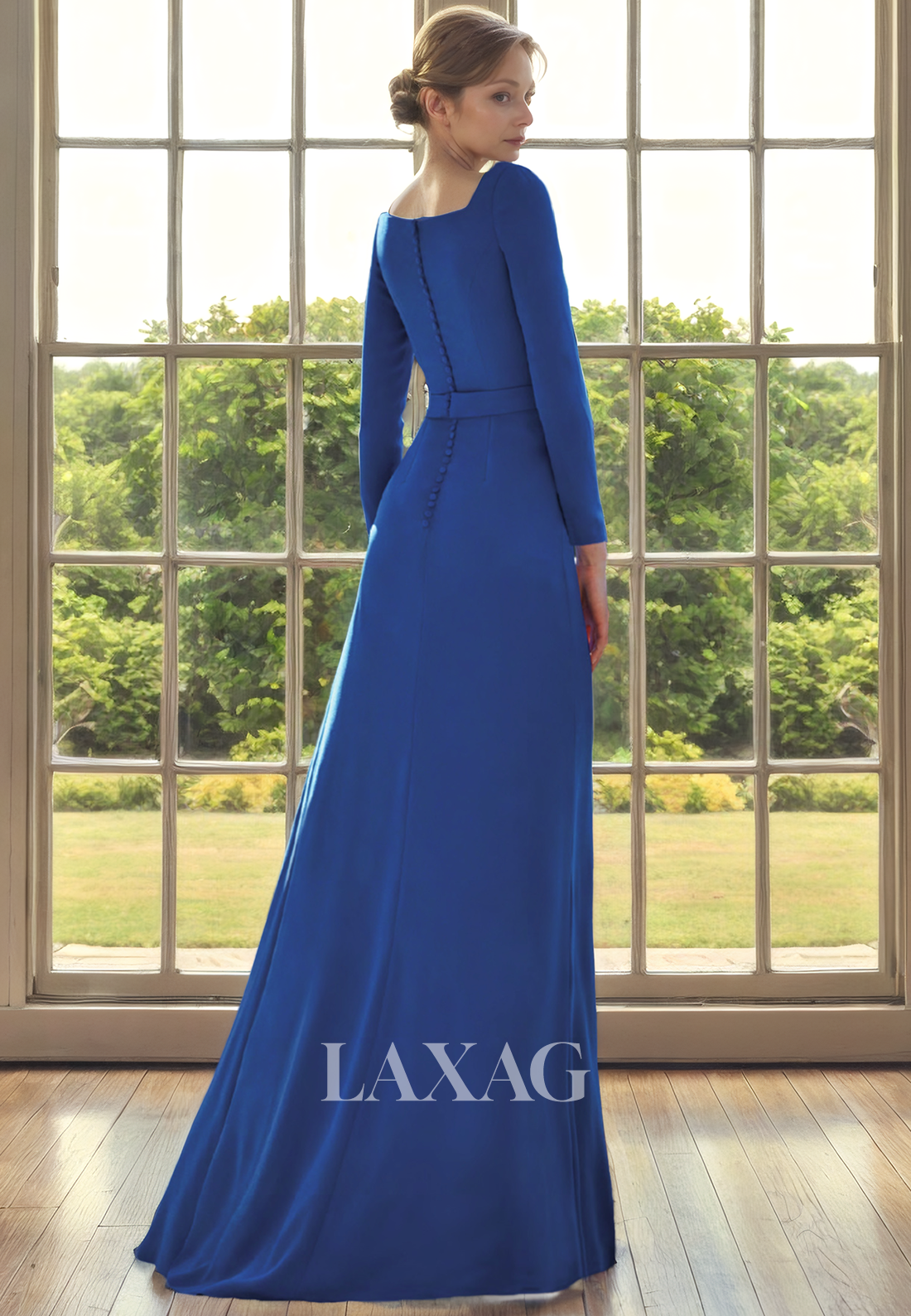 A-Line Square Long Sleeves Pleated Sleek Satin Mother of the Bride Dress with Slit - Fashionpara