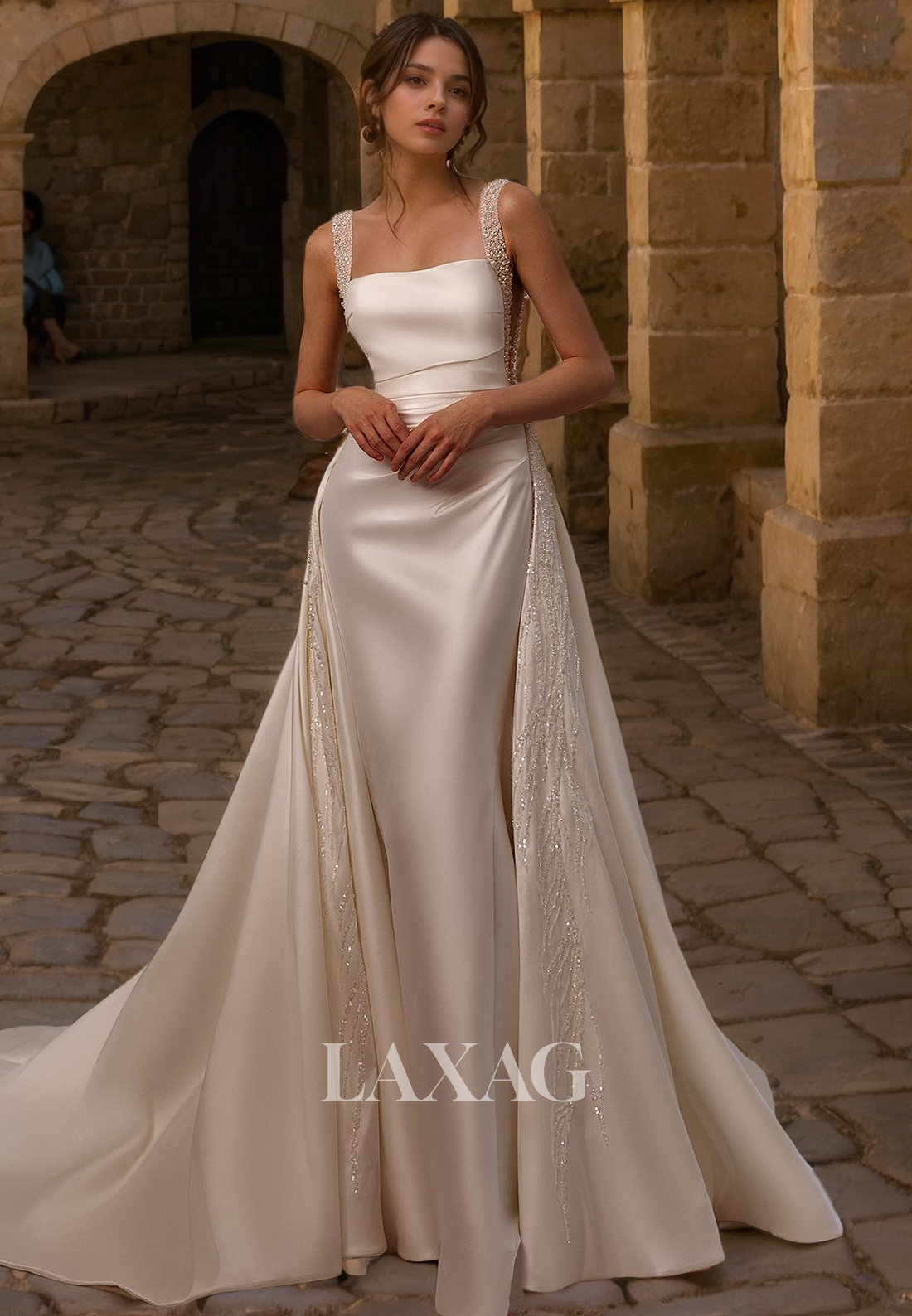 A-Line Square Sleek Satin Elegant Wedding Dress with Train - Fashionpara