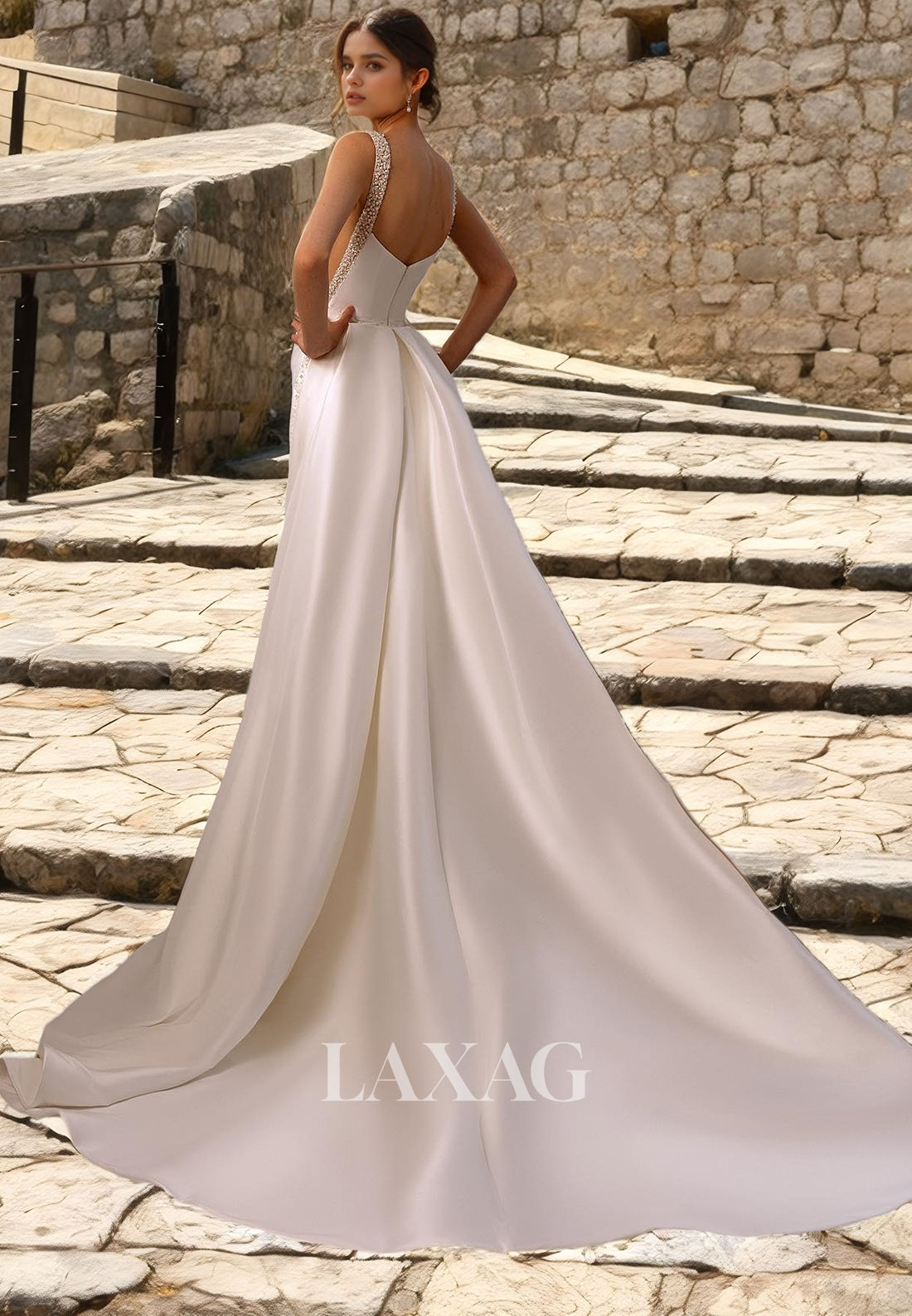 A-Line Square Sleek Satin Elegant Wedding Dress with Train - Fashionpara