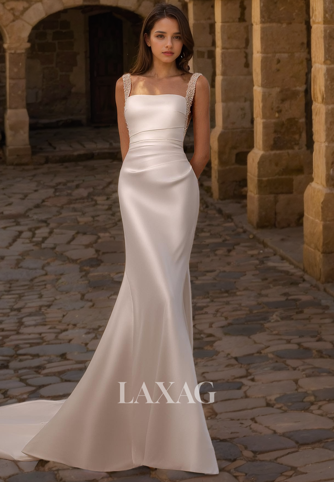 A-Line Square Sleek Satin Elegant Wedding Dress with Train - Fashionpara