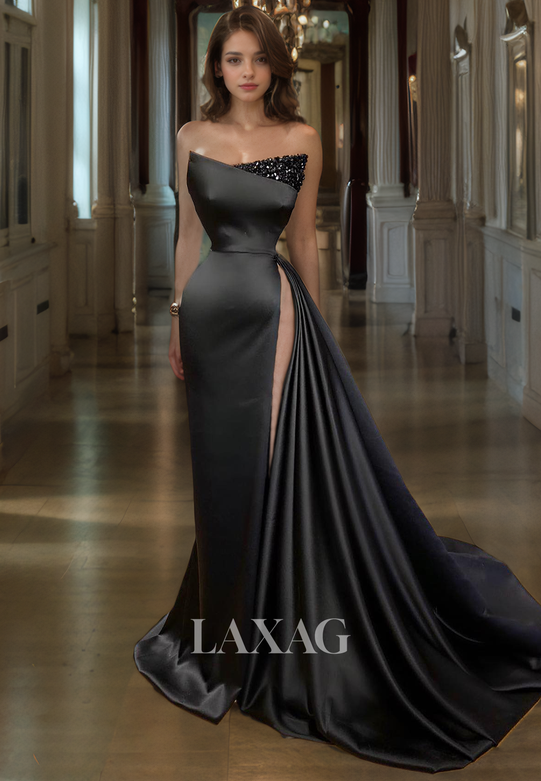 A-Line Strapless Beaded High Slit Sleek Satin Party Prom Formal Evening Dress with Train - Fashionpara