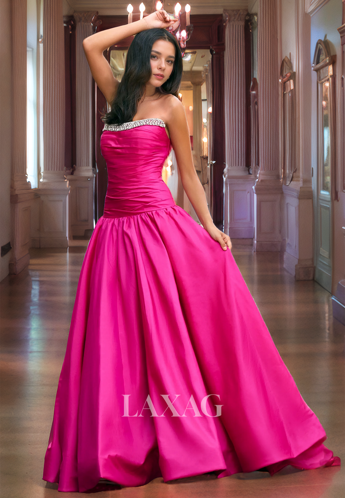 A-Line Strapless Beaded Sleek Satin Elegant Party Prom Formal Evening Dress - Fashionpara