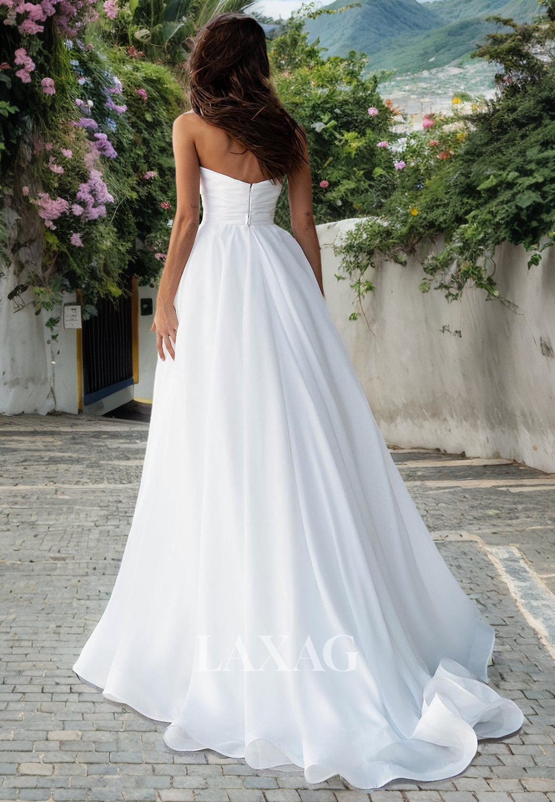 A-Line Strapless Beaded Sleek Satin Elegant Wedding Dress with Train - Fashionpara