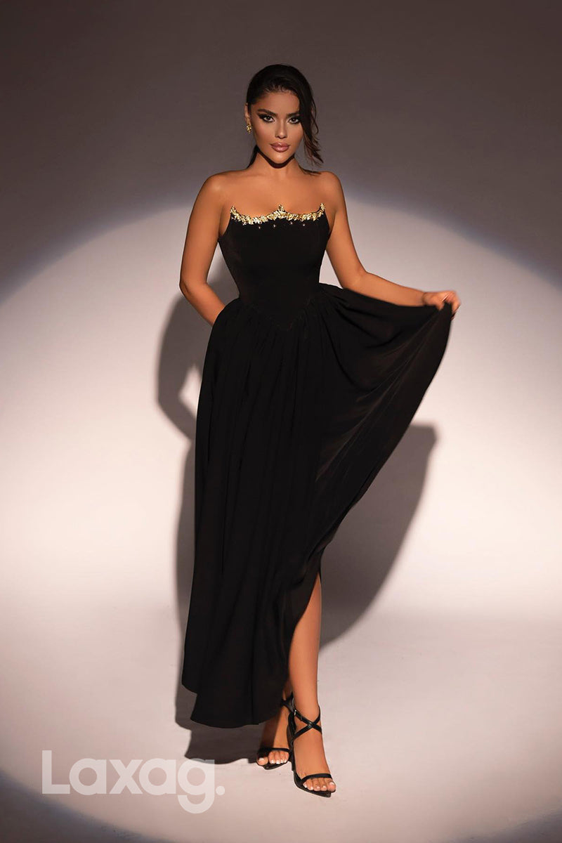 22289 - A-Line Strapless Beaded Sleek Satin Party Prom Formal Evening Dress - Fashionpara