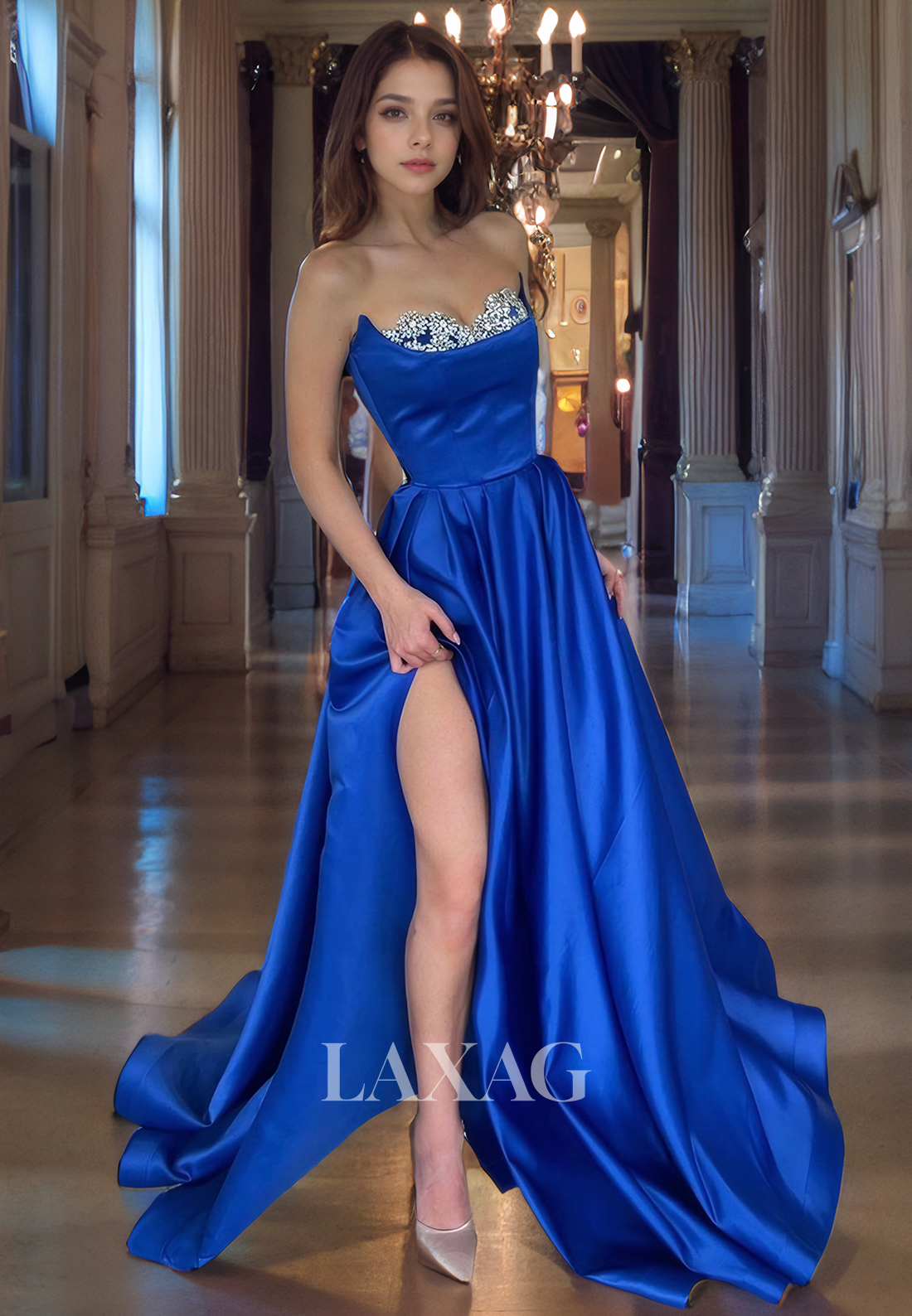 A-Line Strapless Beaded Sleek Satin Party Prom Formal Evening Dress with Slit - Fashionpara